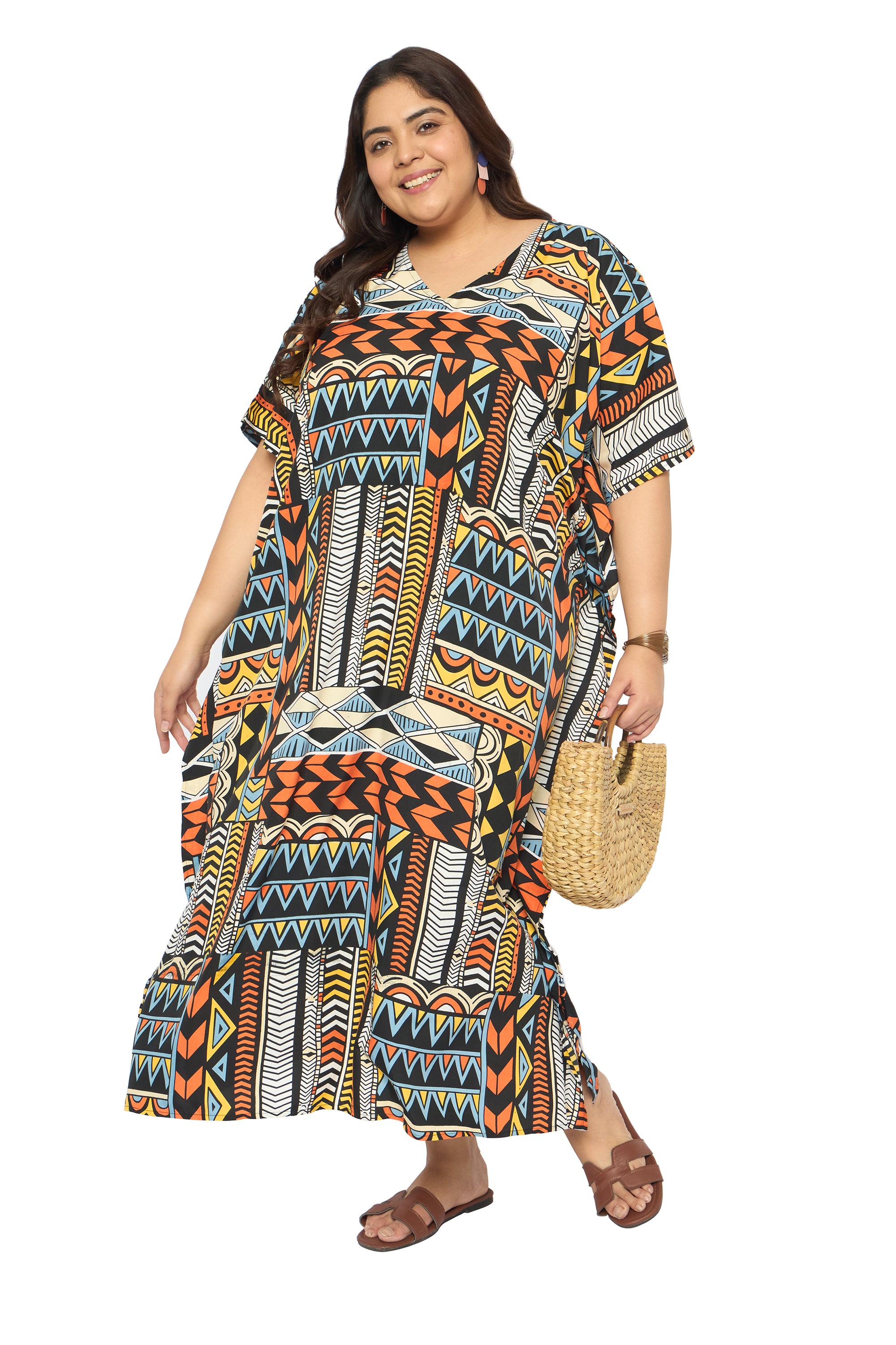 Geometric Multicolor Polyester Loungewear Kaftan for Women