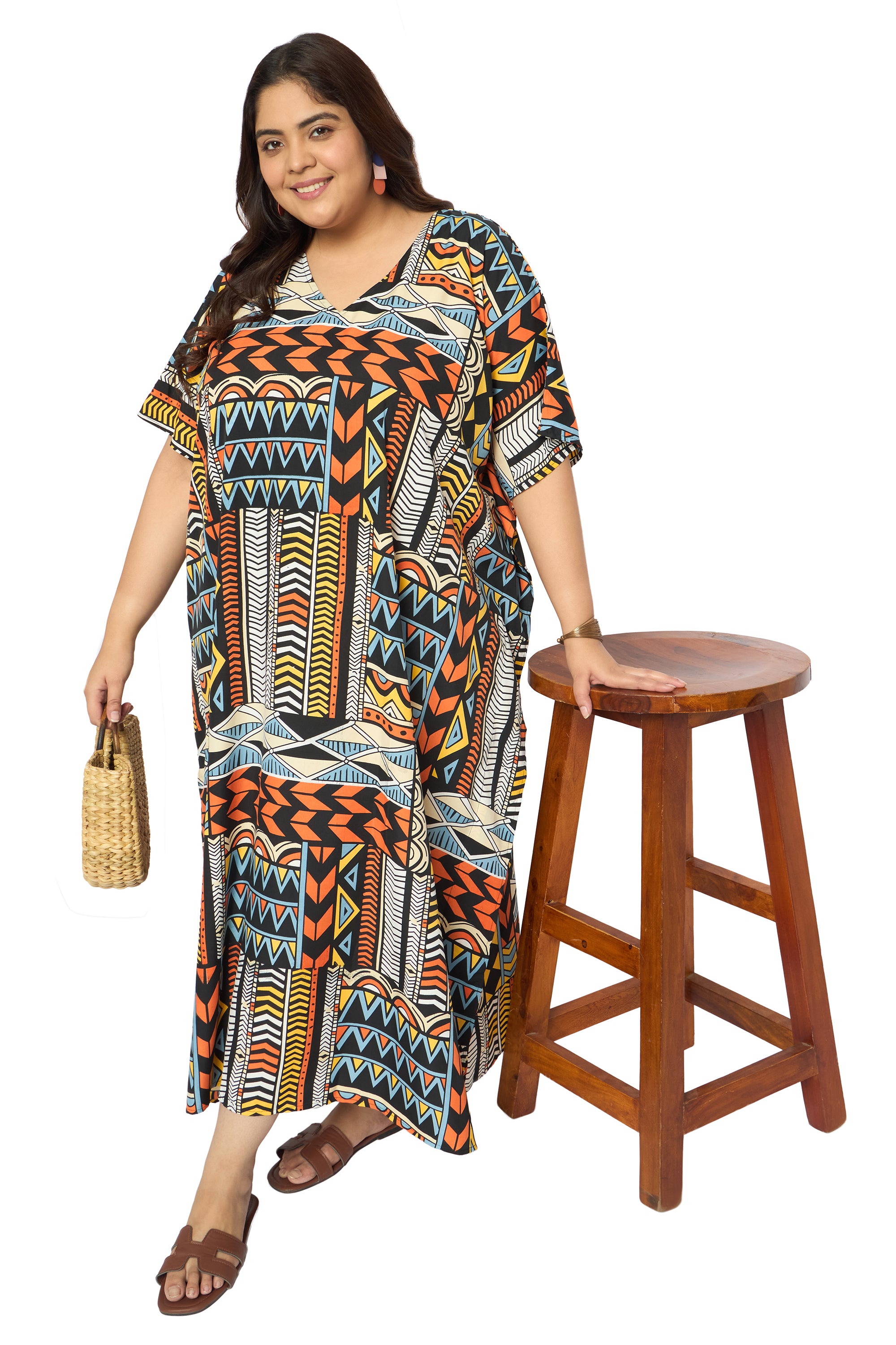 Geometric Multicolor Polyester Loungewear Kaftan for Women