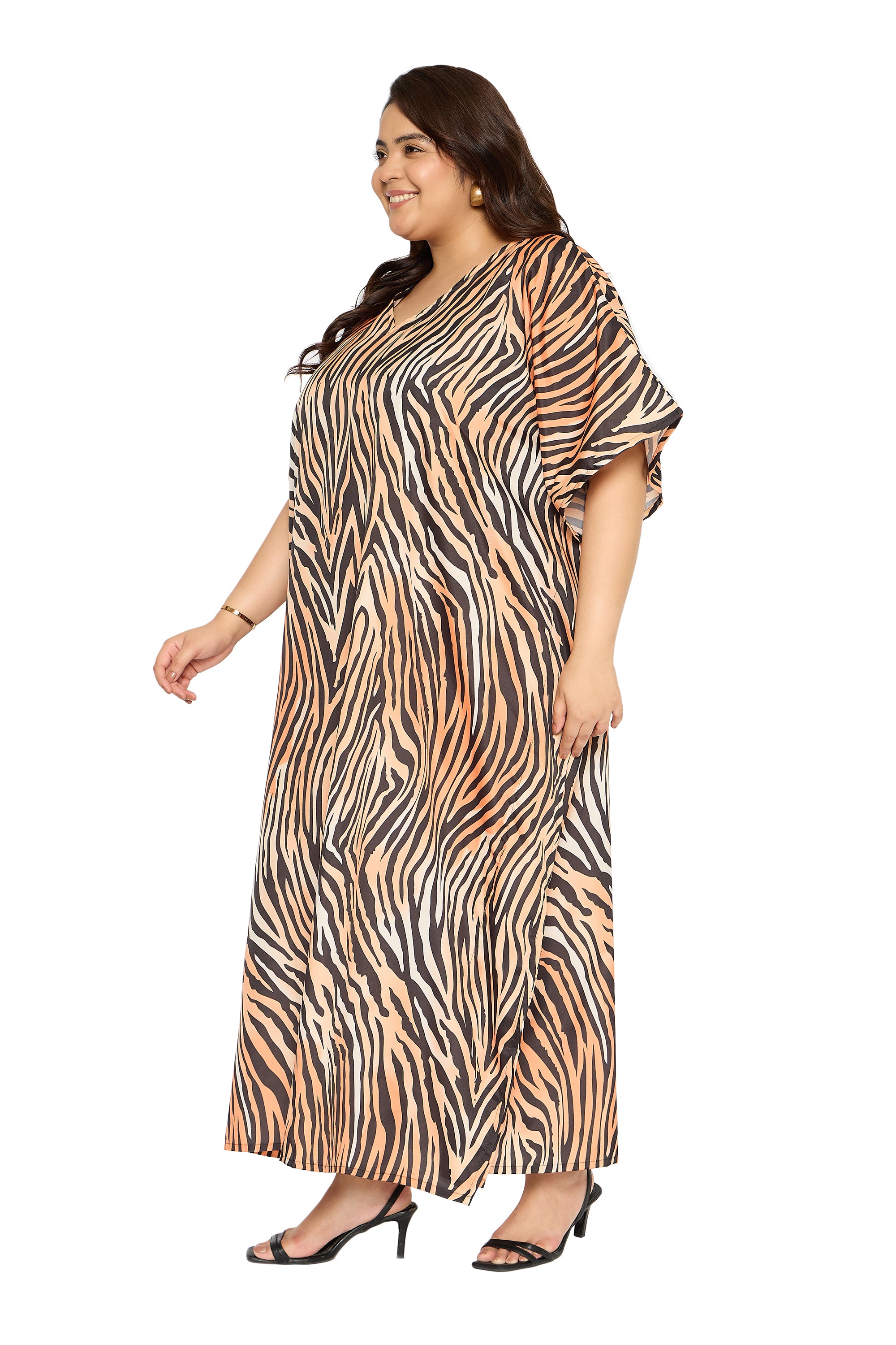 Abstract Brown Polyester Women Plus Size Kaftan Dress