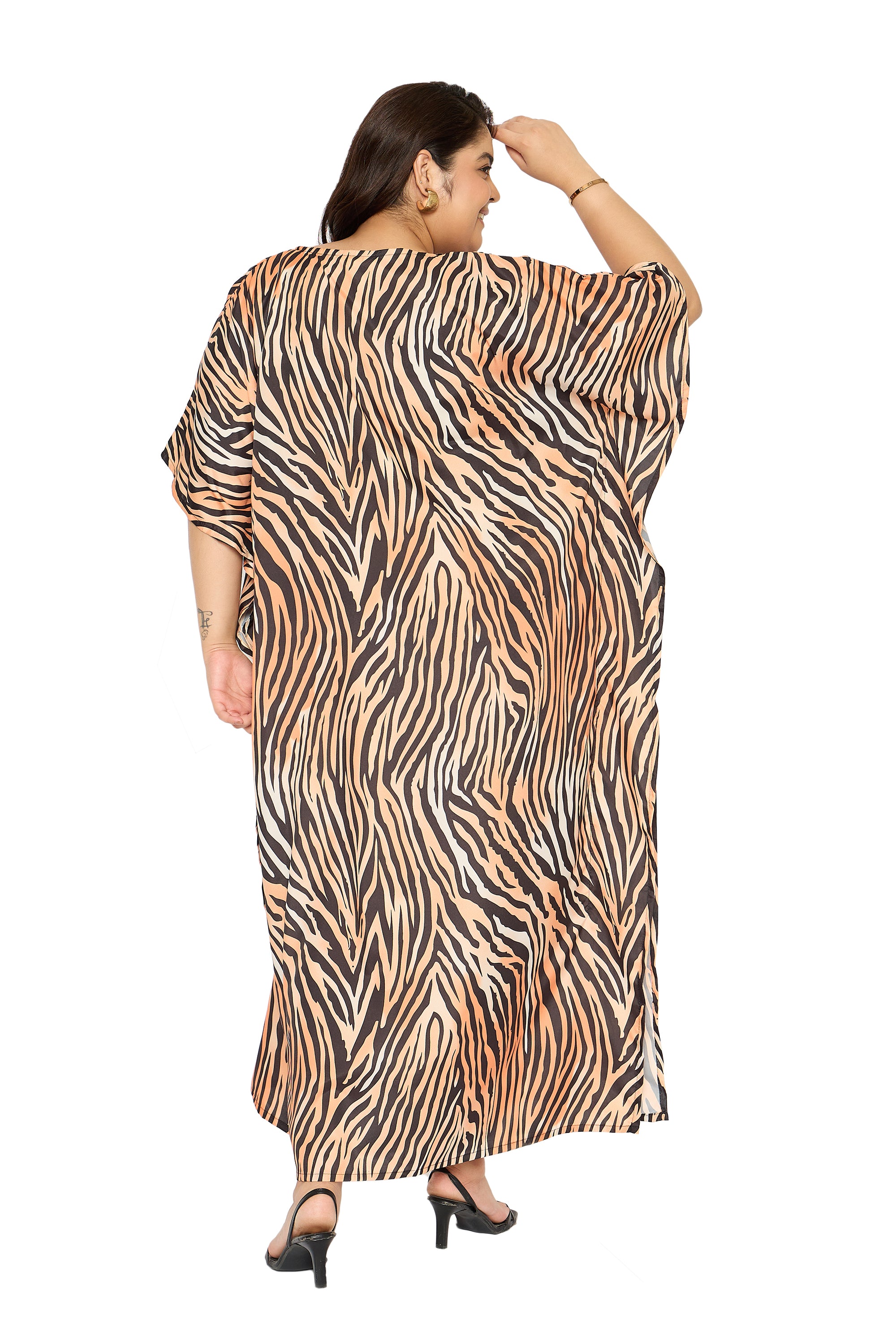 Abstract Brown Polyester Women Plus Size Kaftan Dress