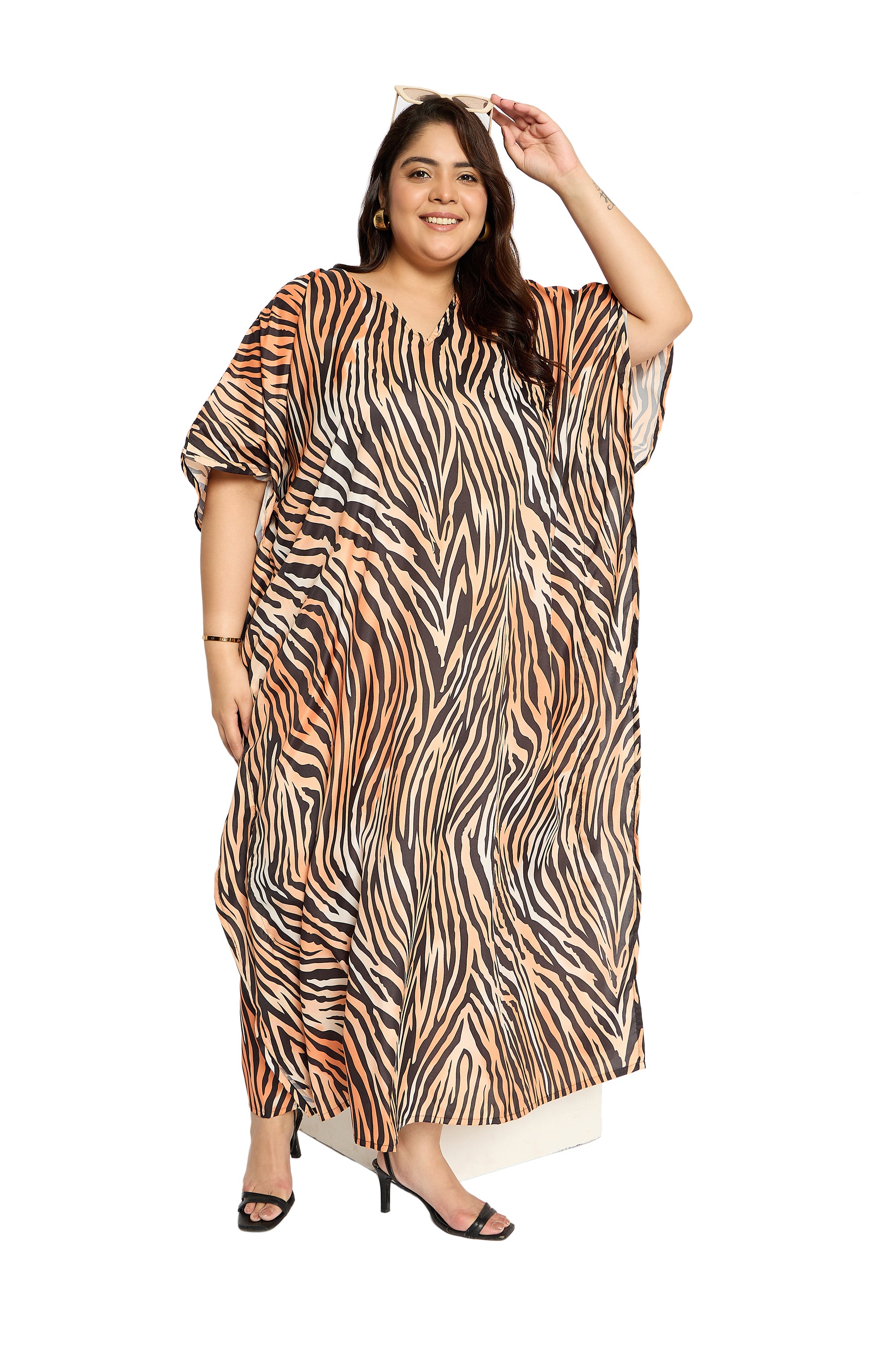 Abstract Brown Polyester Women Plus Size Kaftan Dress