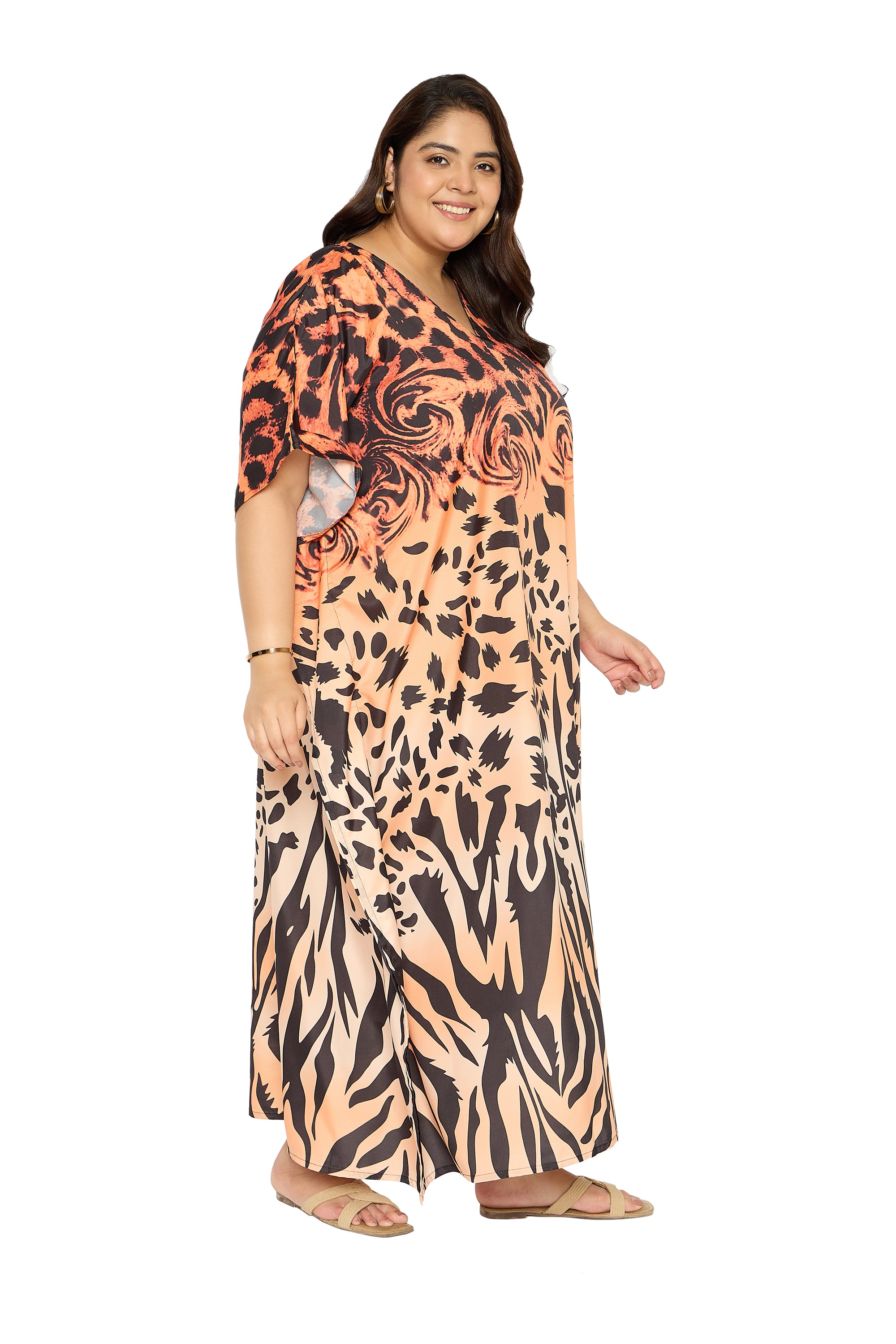 Abstract Light Brown Polyester Plus Size Caftan Beach Dress for Women