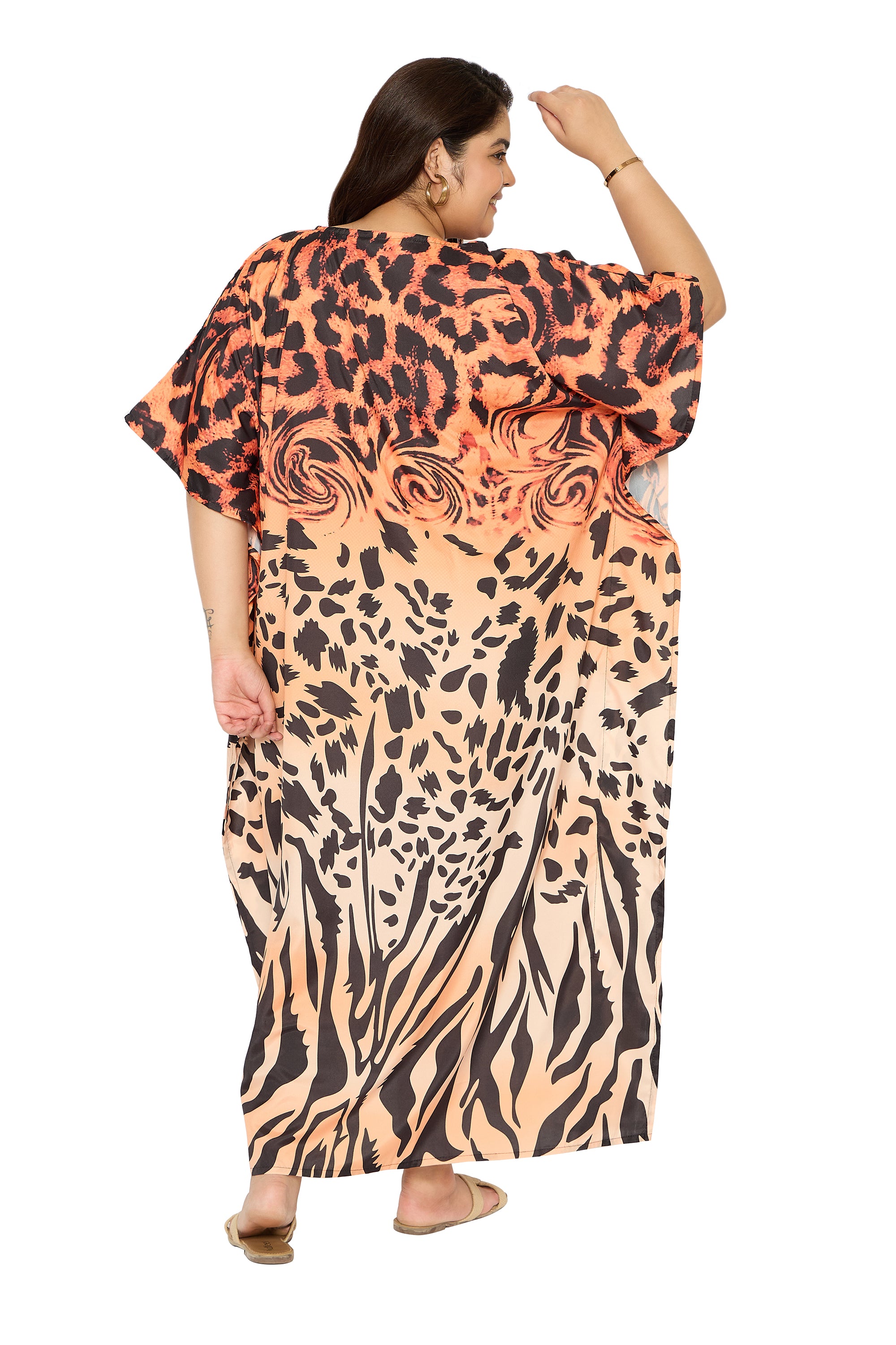 Abstract Light Brown Polyester Plus Size Caftan Beach Dress for Women