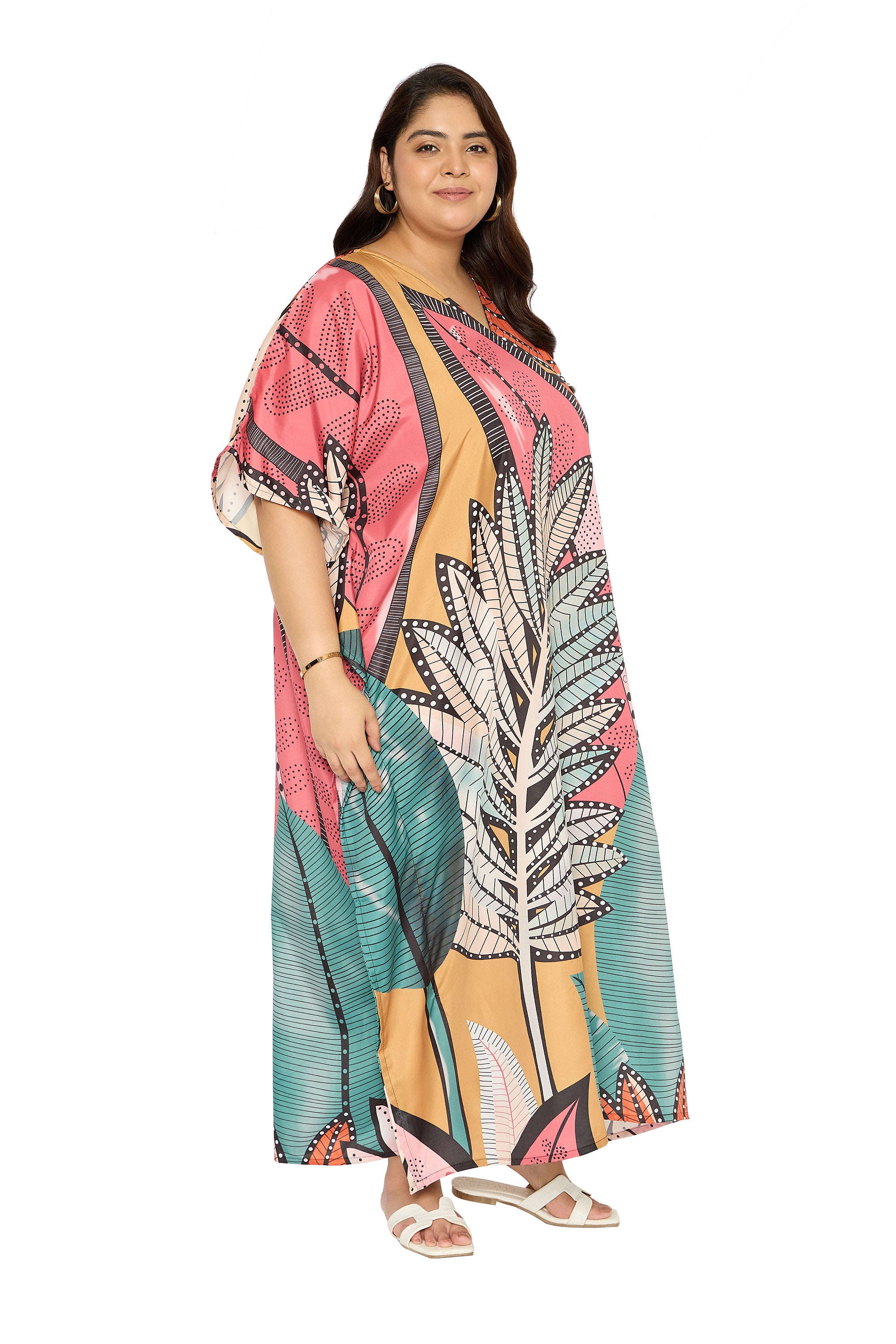 Leaf Multicolor Polyester Kaftan Dress for Plus Size Women