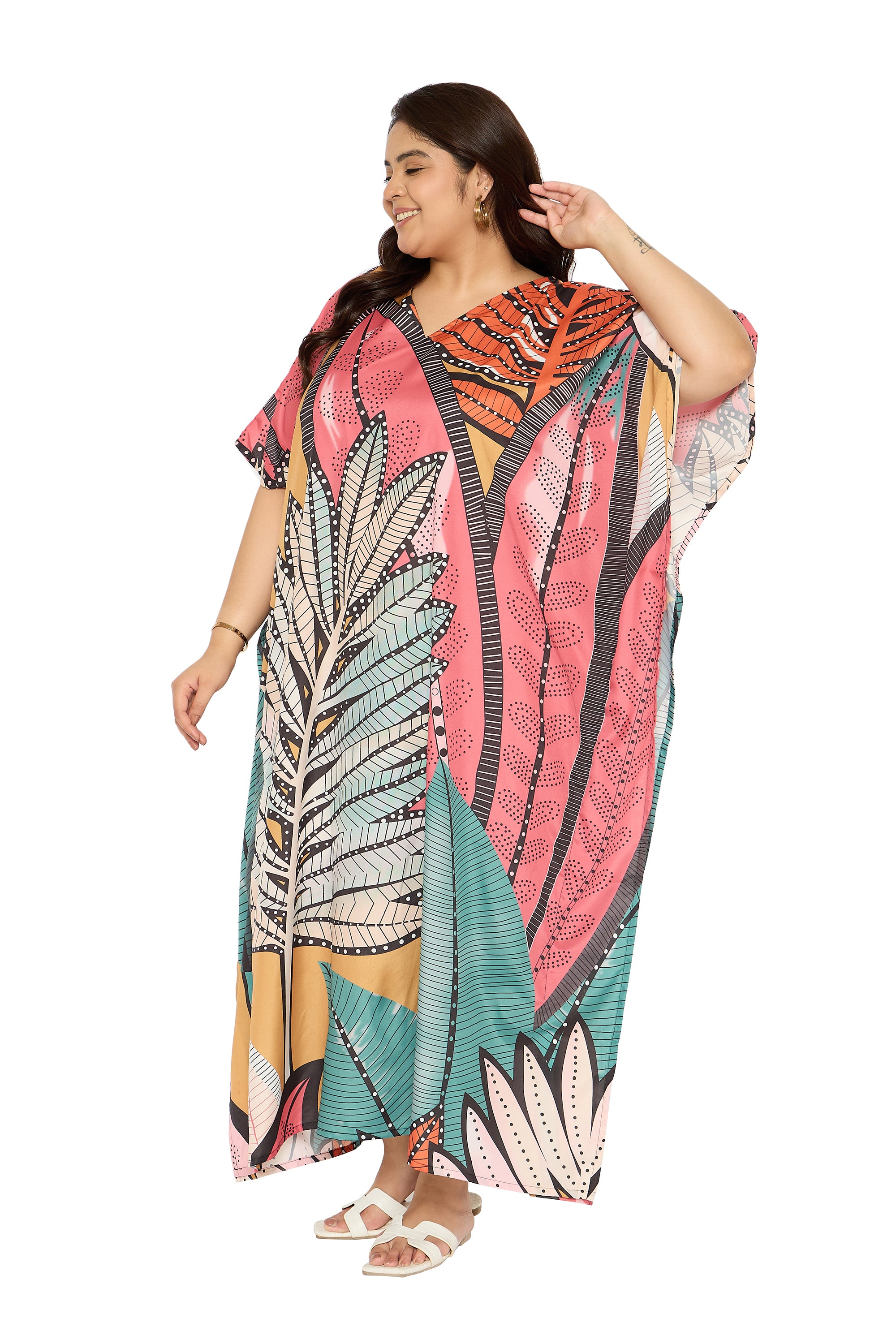 Leaf Multicolor Polyester Kaftan Dress for Plus Size Women