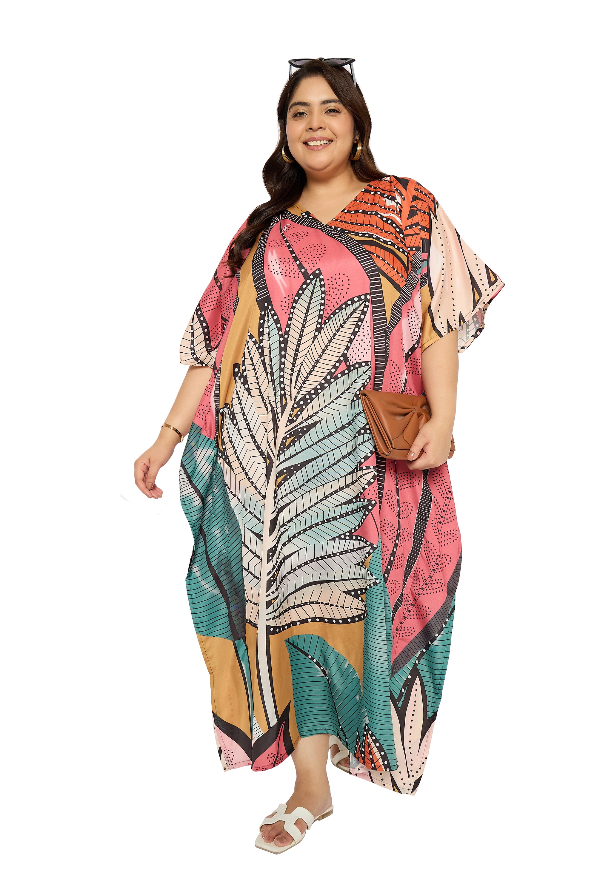 Leaf Multicolor Polyester Kaftan Dress for Plus Size Women