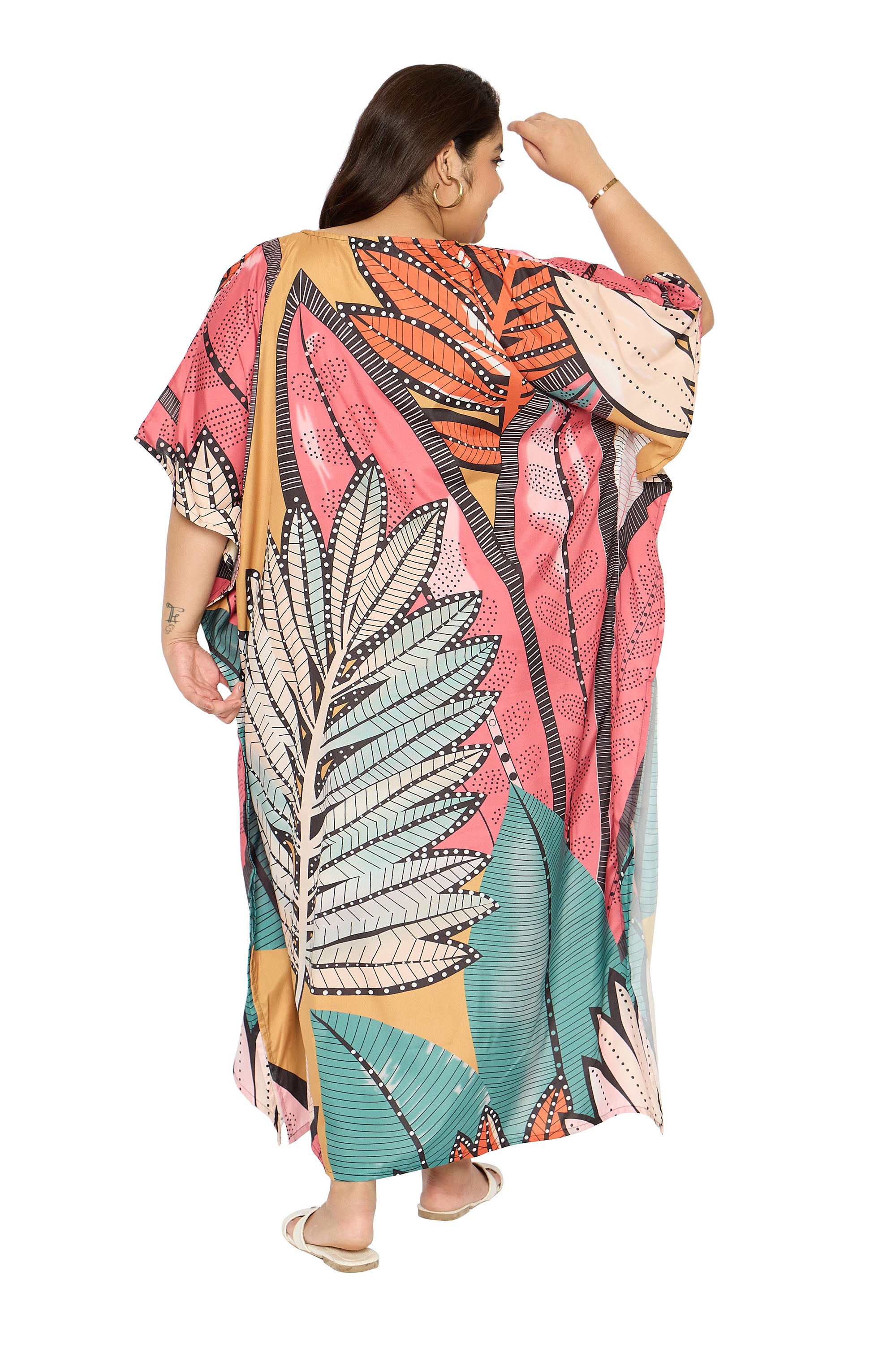 Leaf Multicolor Polyester Kaftan Dress for Plus Size Women