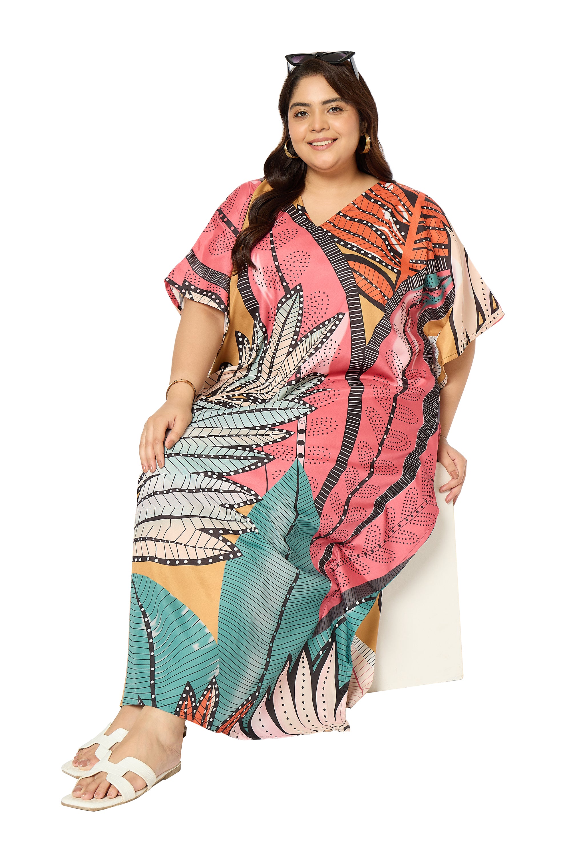 Leaf Multicolor Polyester Kaftan Dress for Plus Size Women