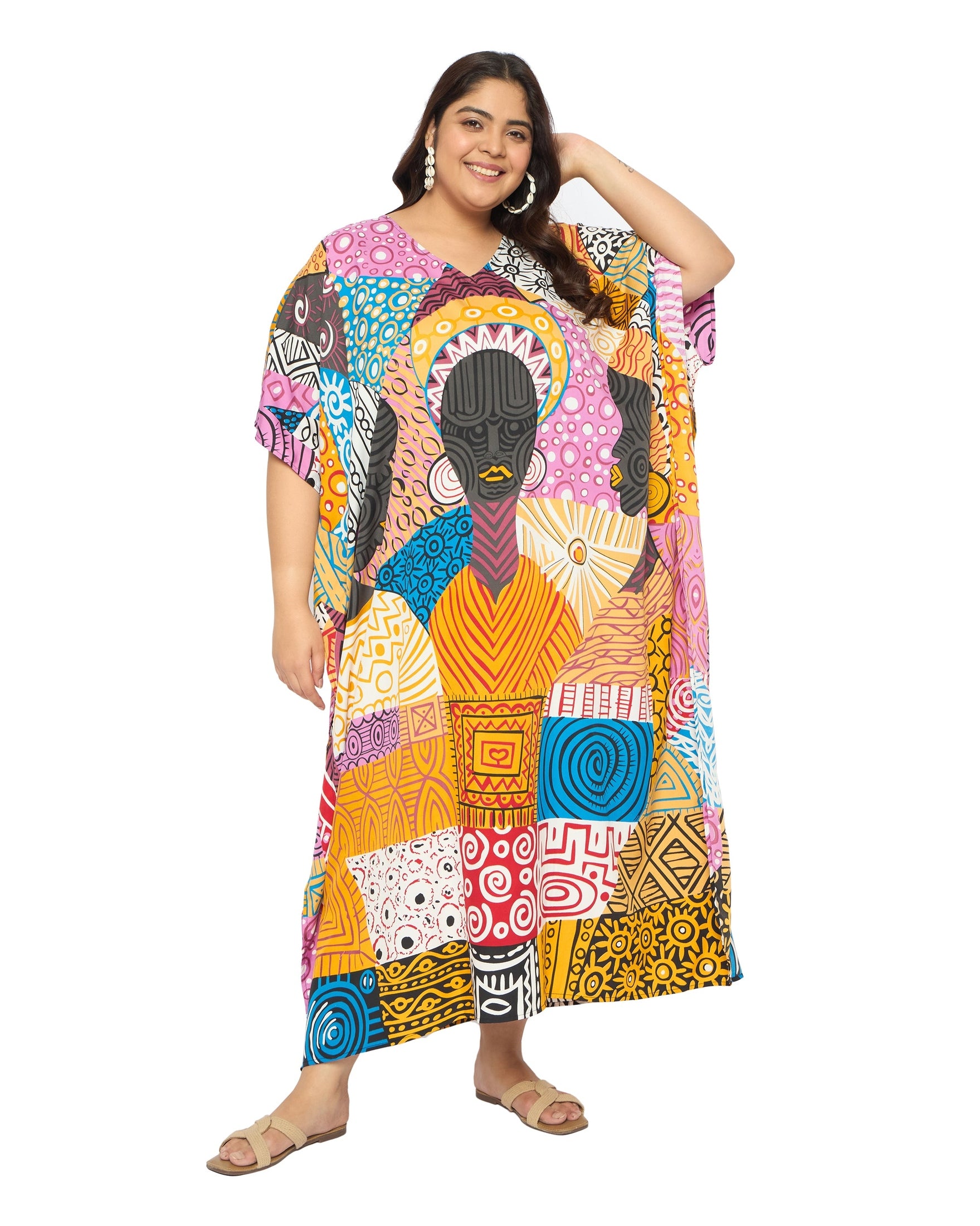 Lady Tribal Multicolor Polyester Caftan Dress for Plus Size