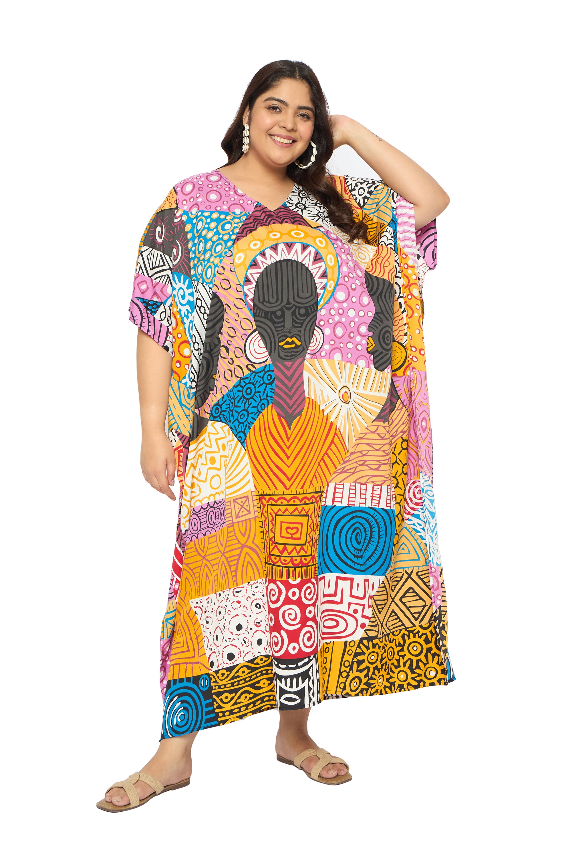 Lady Tribal Multicolor Polyester Caftan Dress for Plus Size