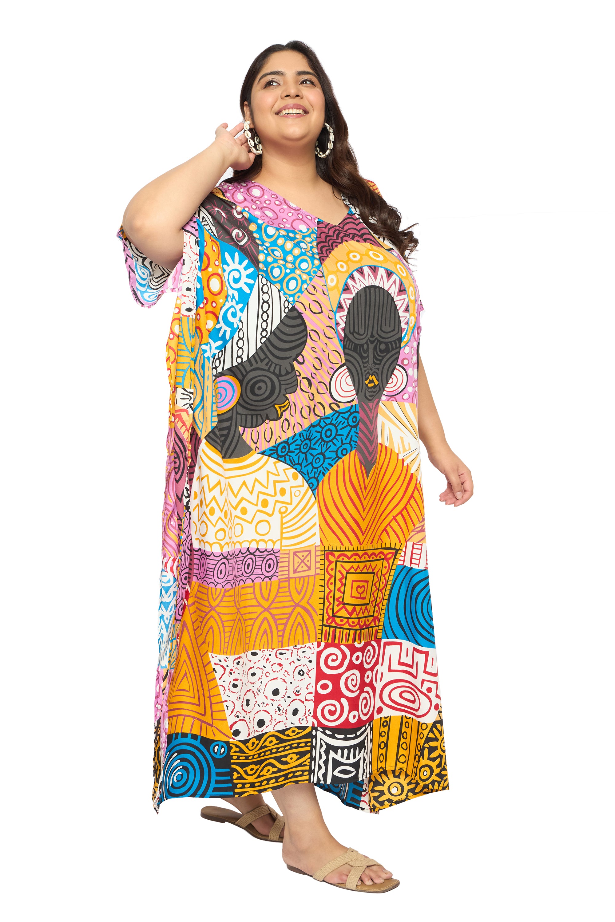 Lady Tribal Multicolor Polyester Caftan Dress for Plus Size