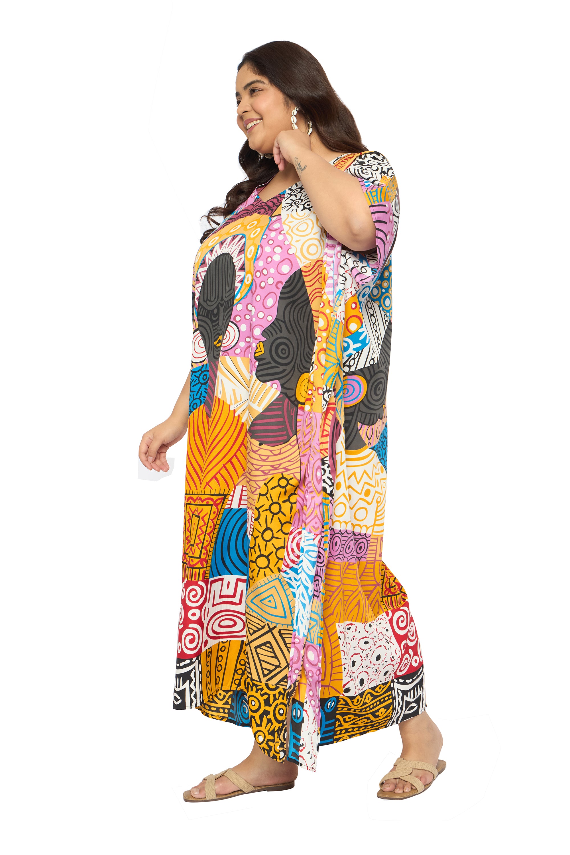 Lady Tribal Multicolor Polyester Caftan Dress for Plus Size