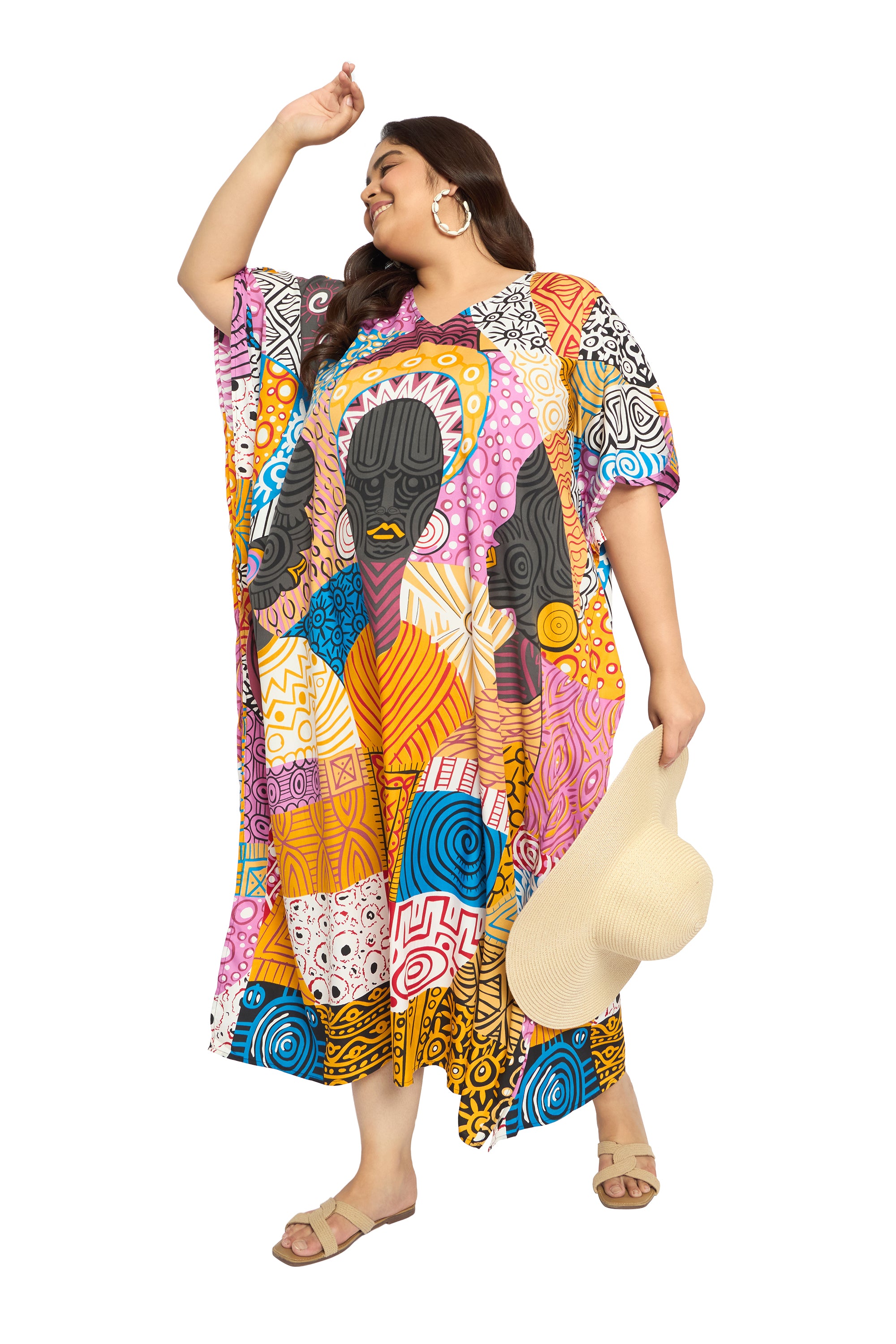 Lady Tribal Multicolor Polyester Caftan Dress for Plus Size