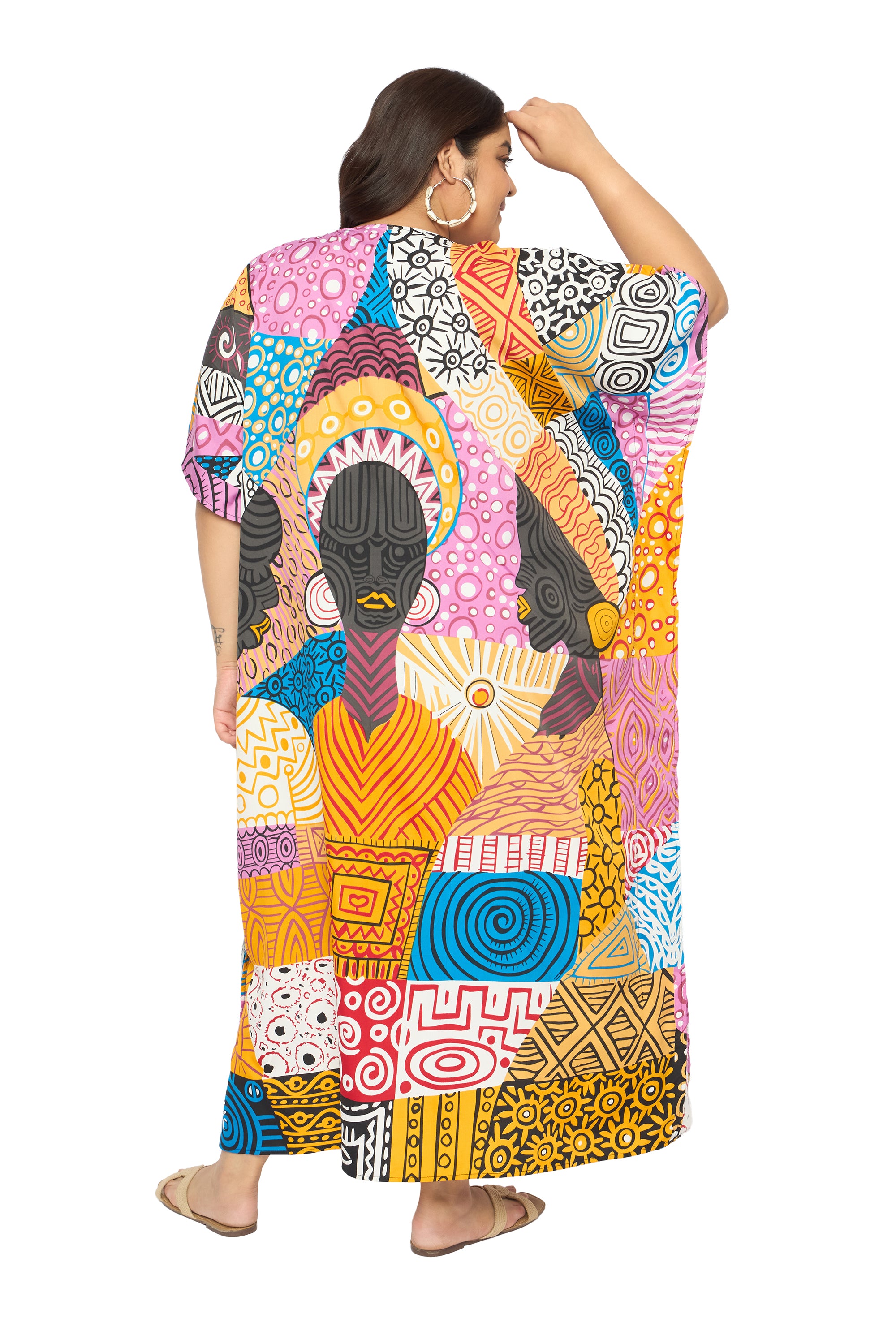 Lady Tribal Multicolor Polyester Caftan Dress for Plus Size