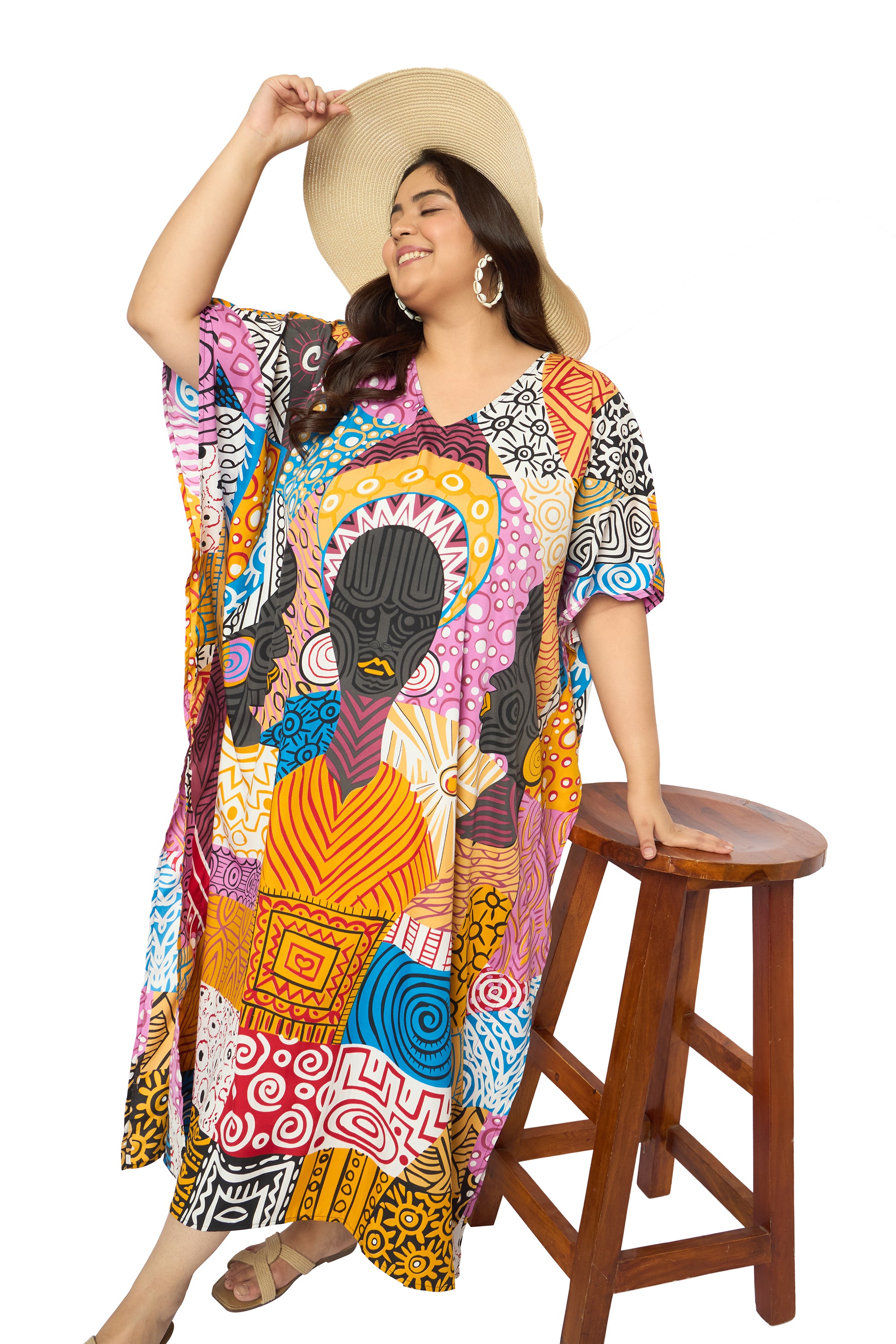 Lady Tribal Multicolor Polyester Caftan Dress for Plus Size