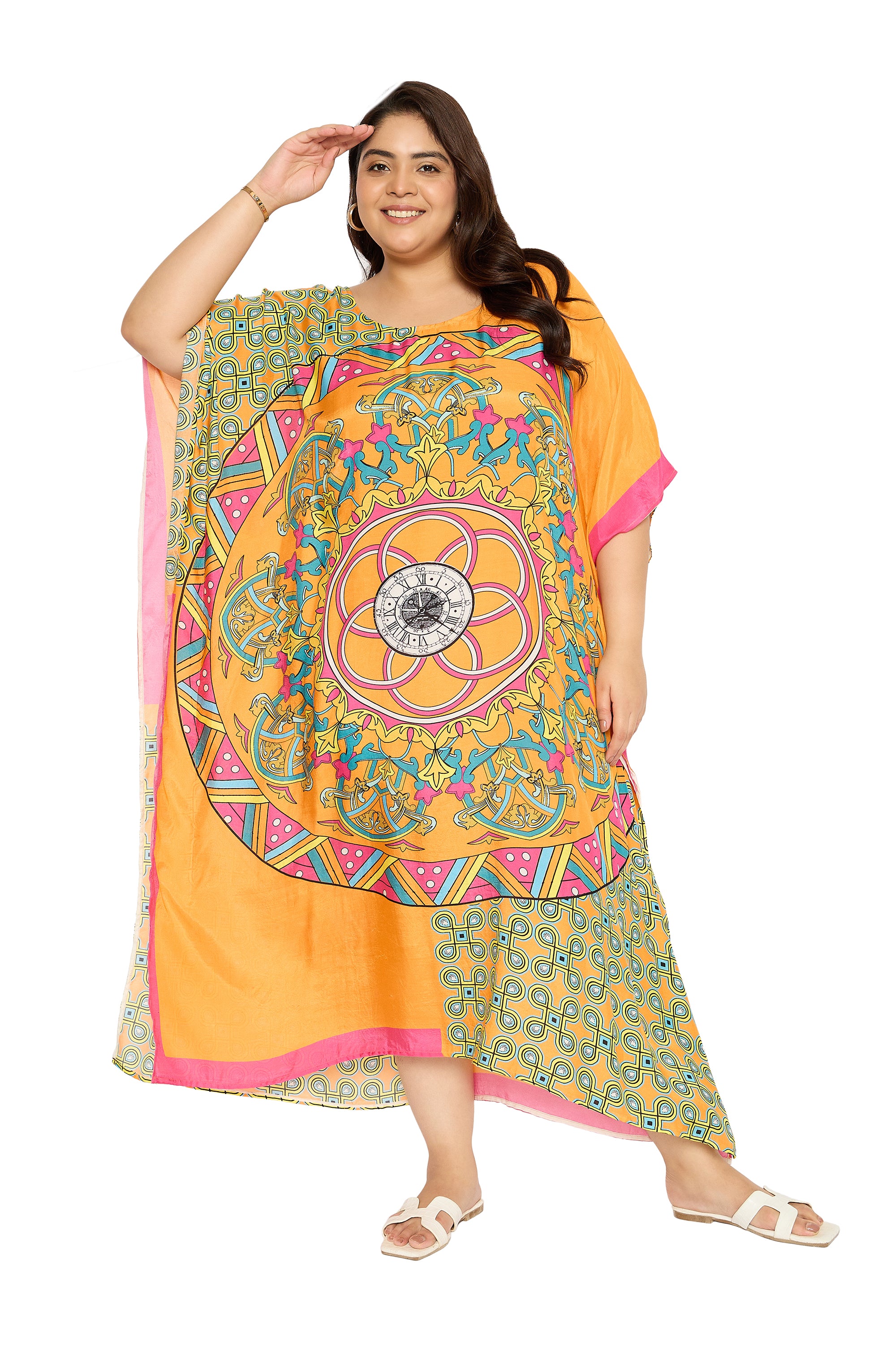 Mandala Marigold Polyester Kaftan House Dress for Women