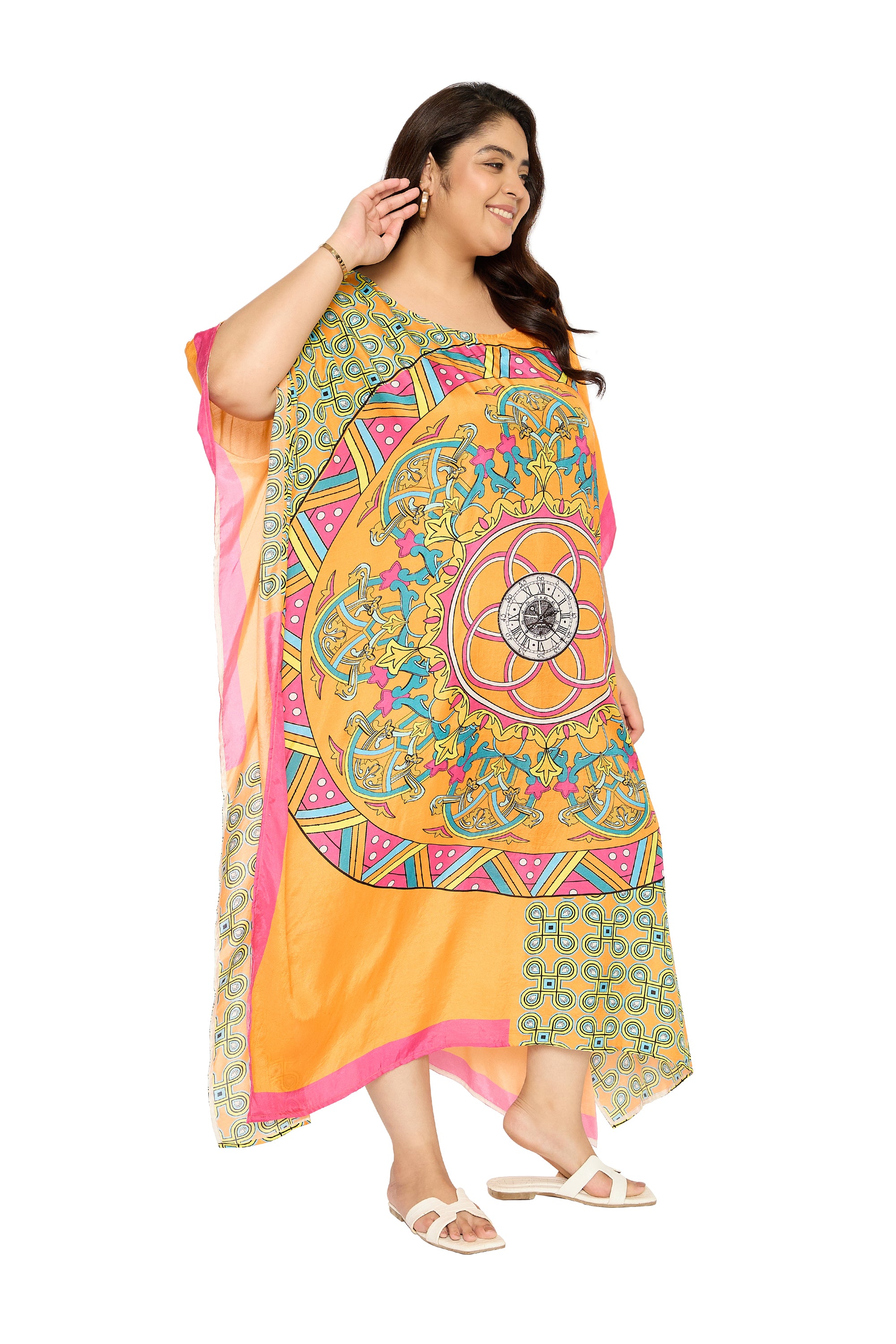 Mandala Marigold Polyester Kaftan House Dress for Women