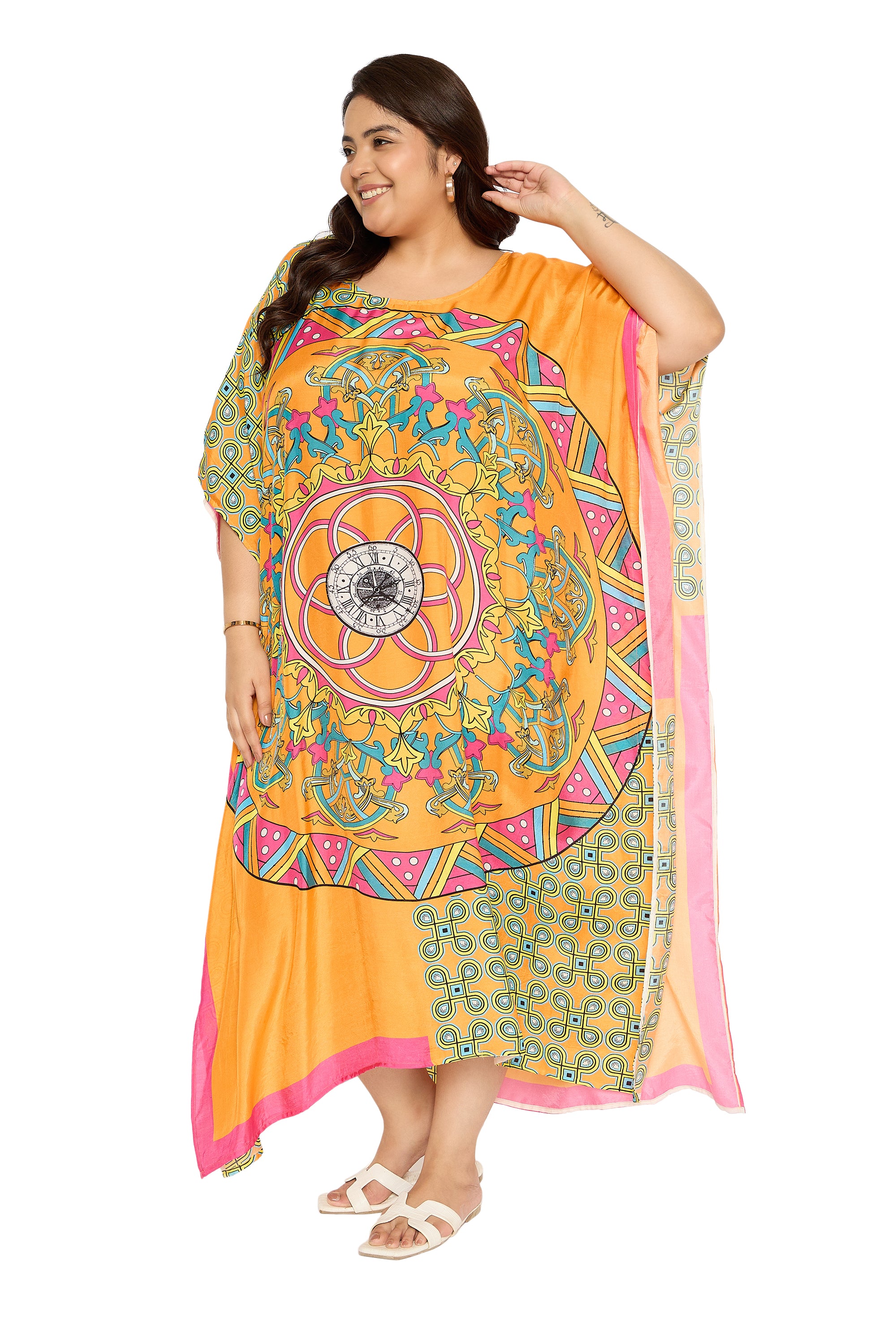 Mandala Marigold Polyester Kaftan House Dress for Women