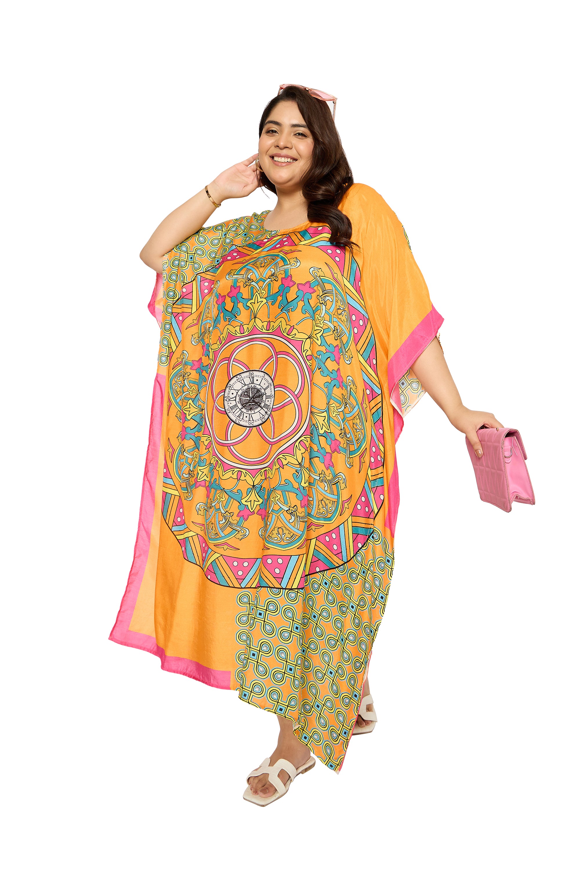 Mandala Marigold Polyester Kaftan House Dress for Women