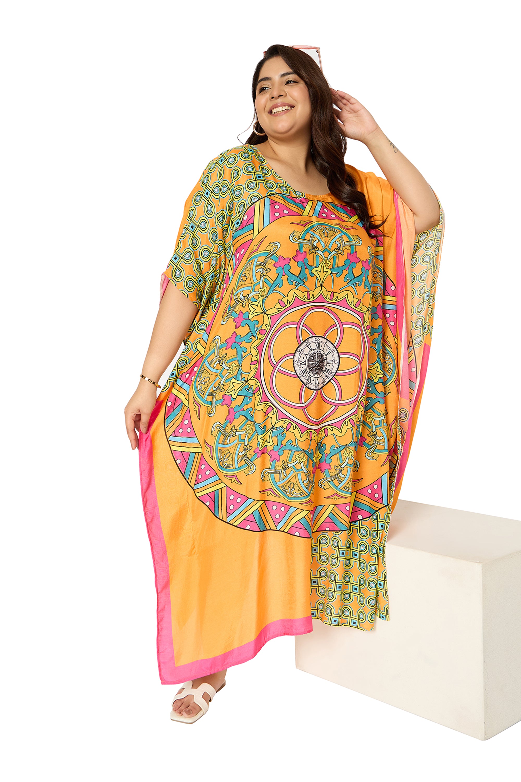 Mandala Marigold Polyester Kaftan House Dress for Women