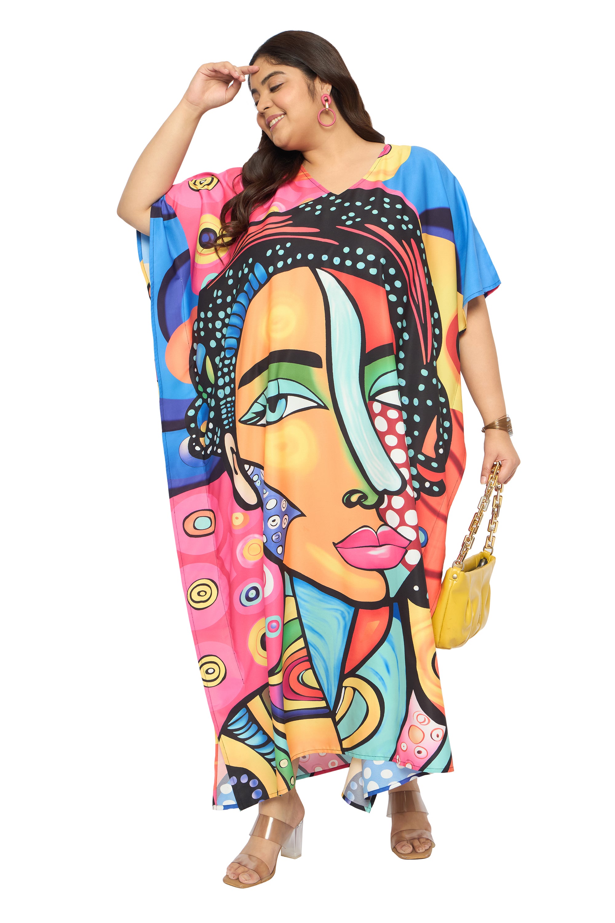 Lady Face Multicolor Polyester Women Plus Size Kaftan Dress