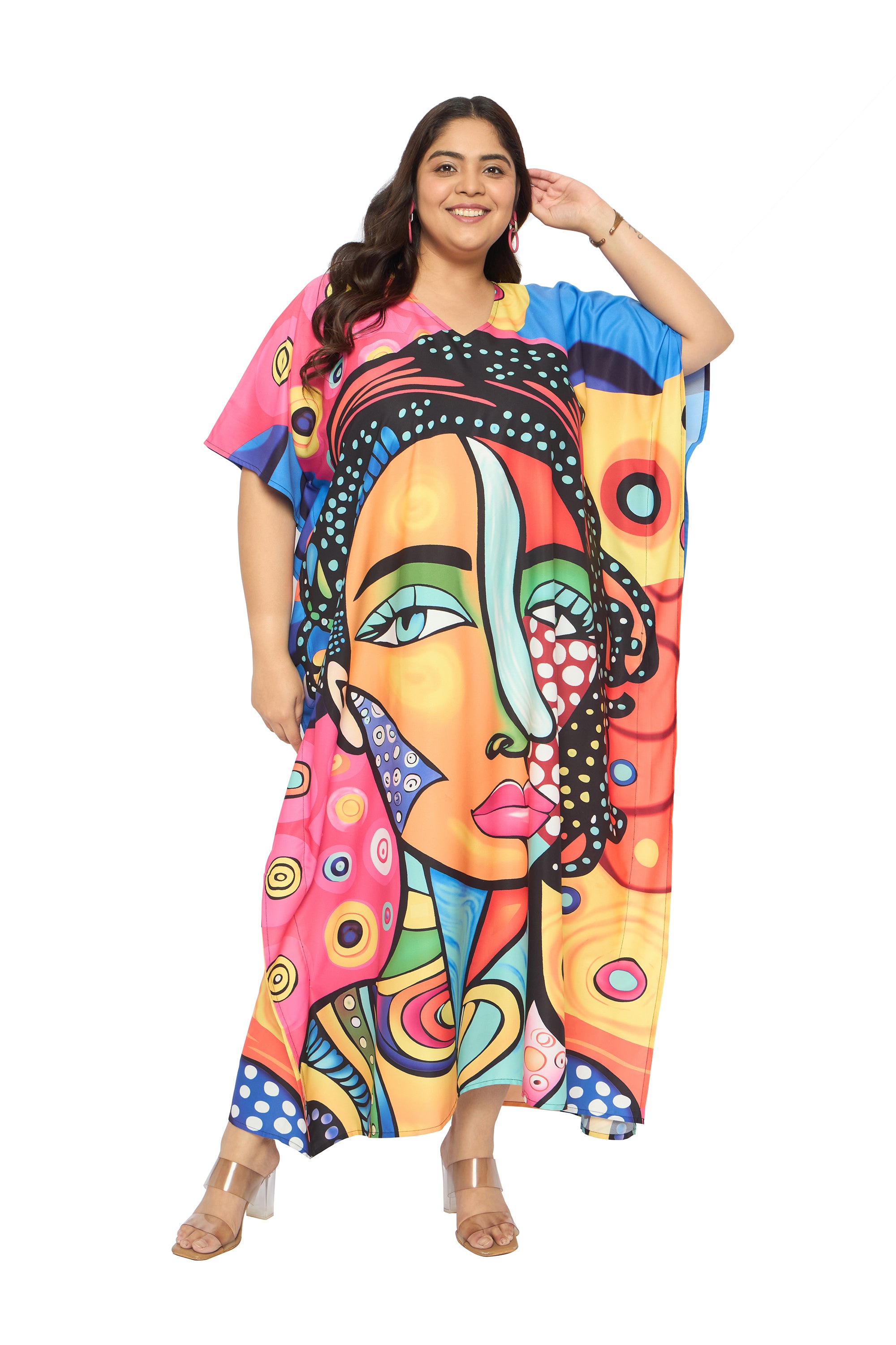 Lady Face Multicolor Polyester Women Plus Size Kaftan Dress