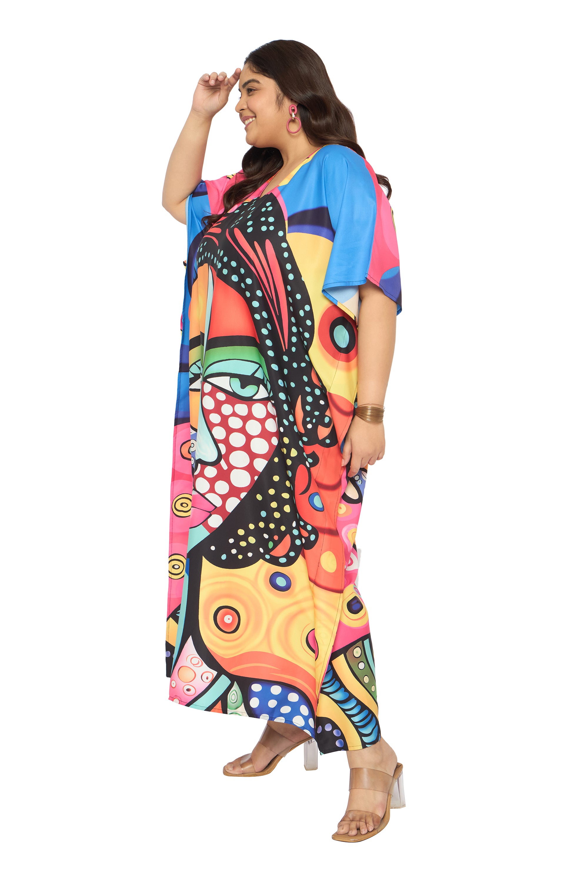 Lady Face Multicolor Polyester Women Plus Size Kaftan Dress