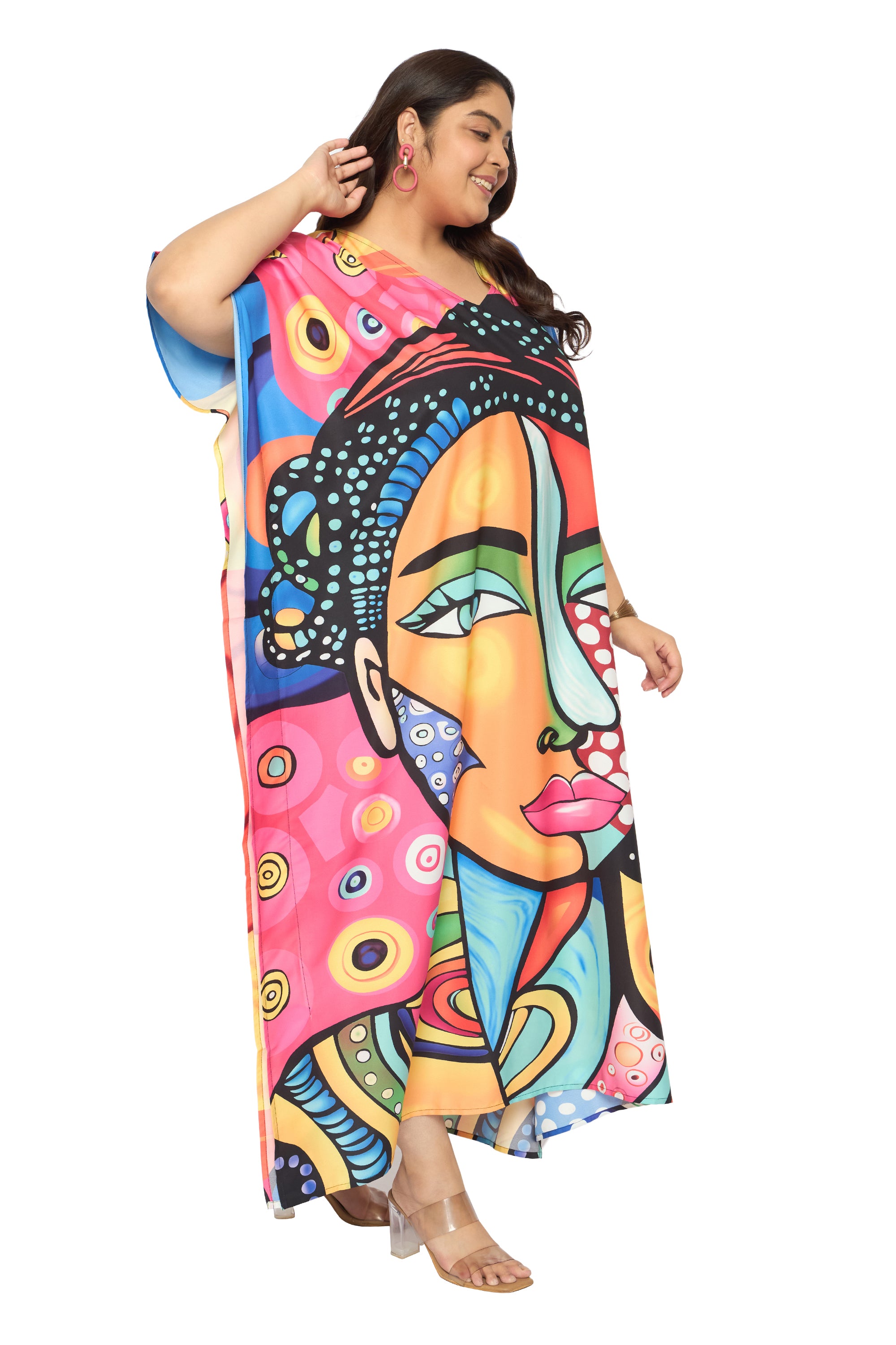 Lady Face Multicolor Polyester Women Plus Size Kaftan Dress