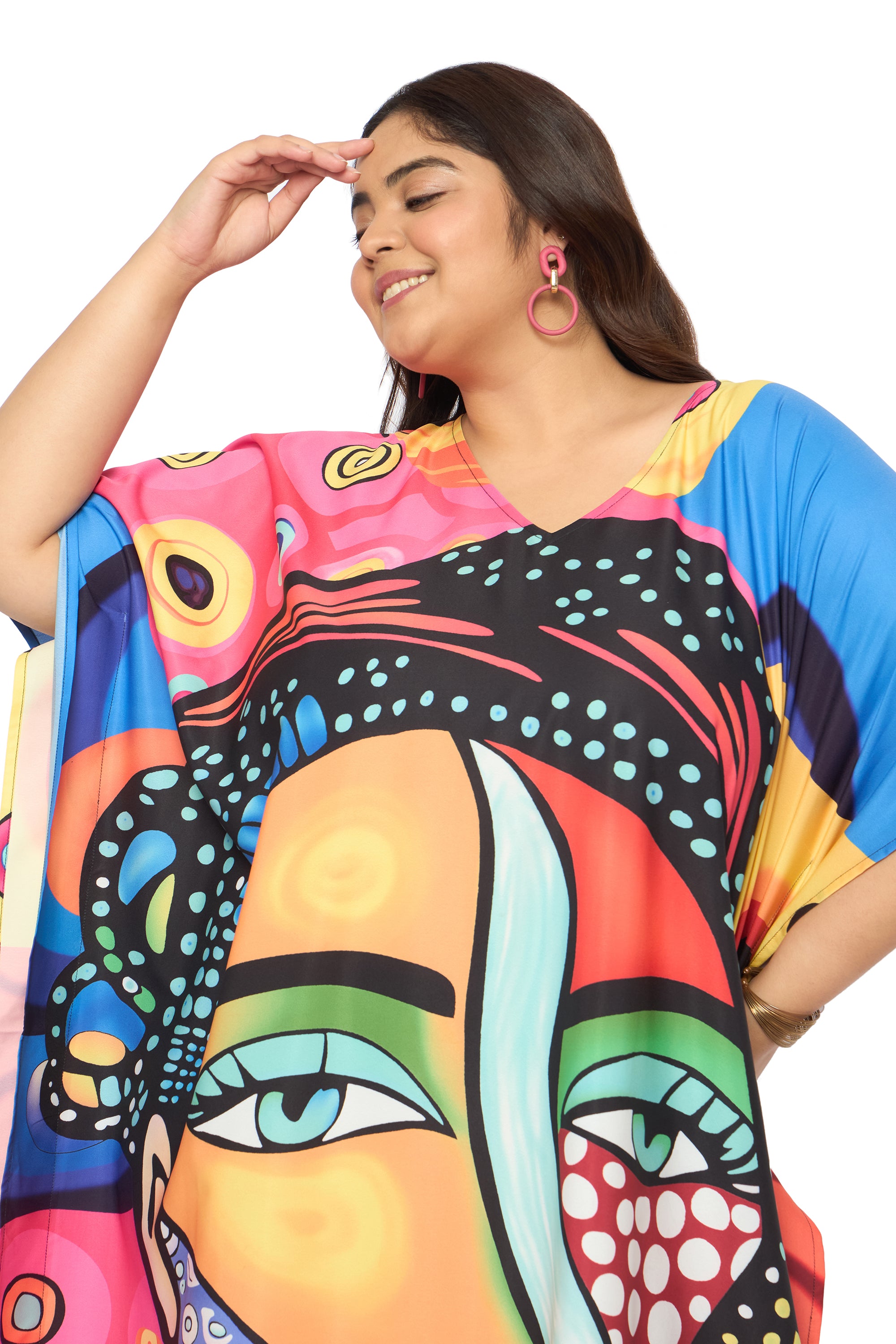 Lady Face Multicolor Polyester Women Plus Size Kaftan Dress