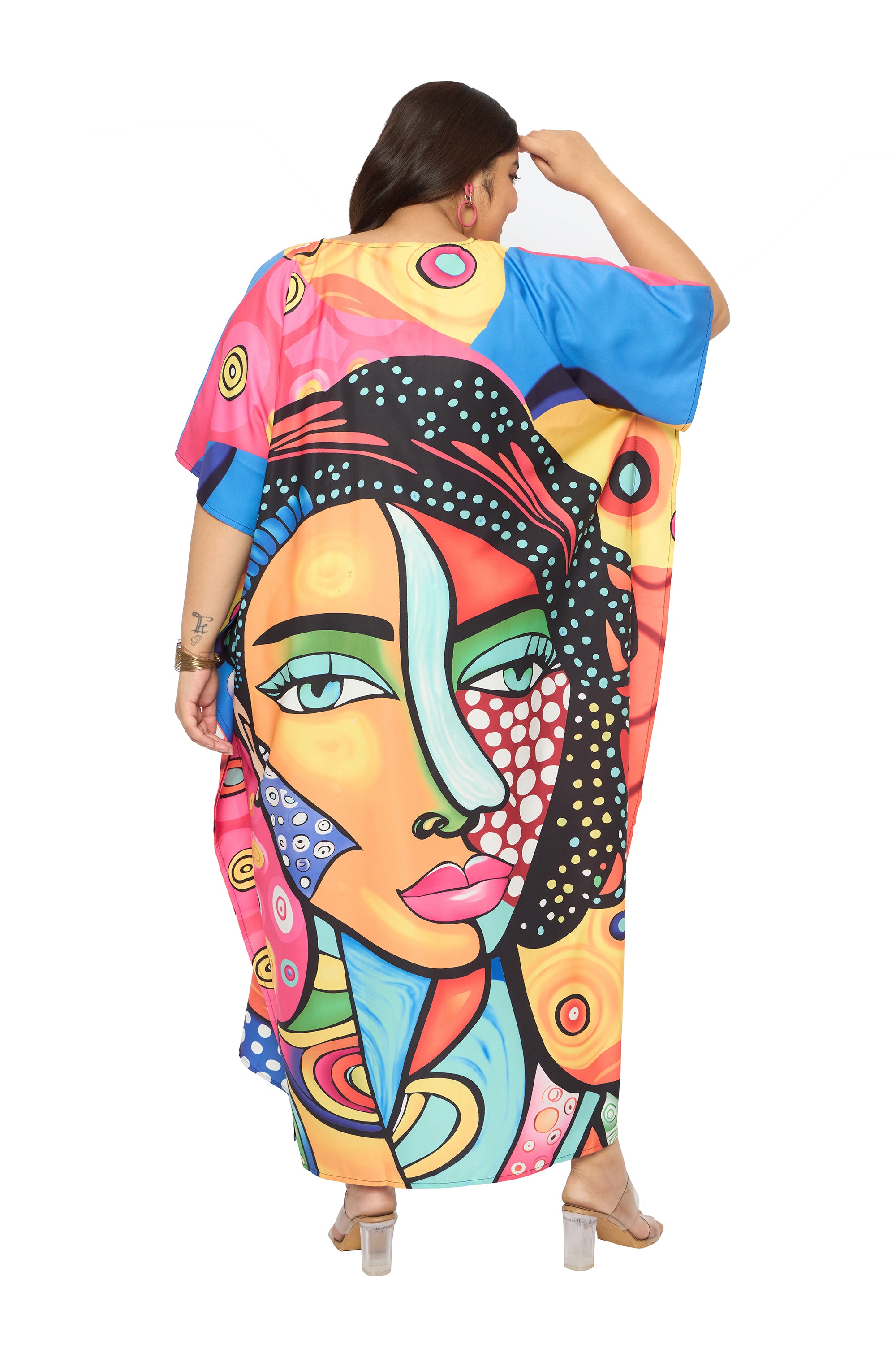 Lady Face Multicolor Polyester Women Plus Size Kaftan Dress