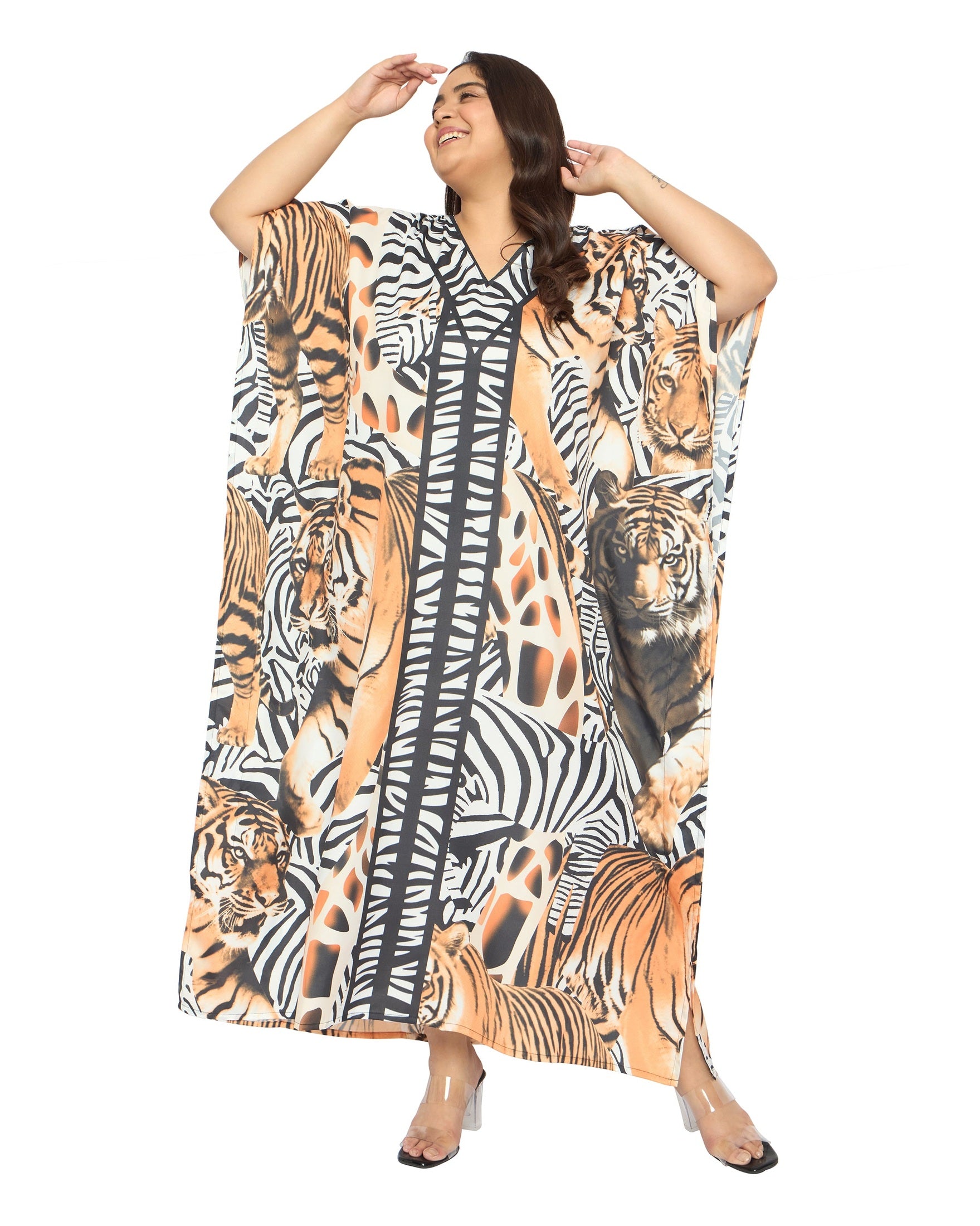 Animal Multicolor Polyester Caftan Dress for Plus Size