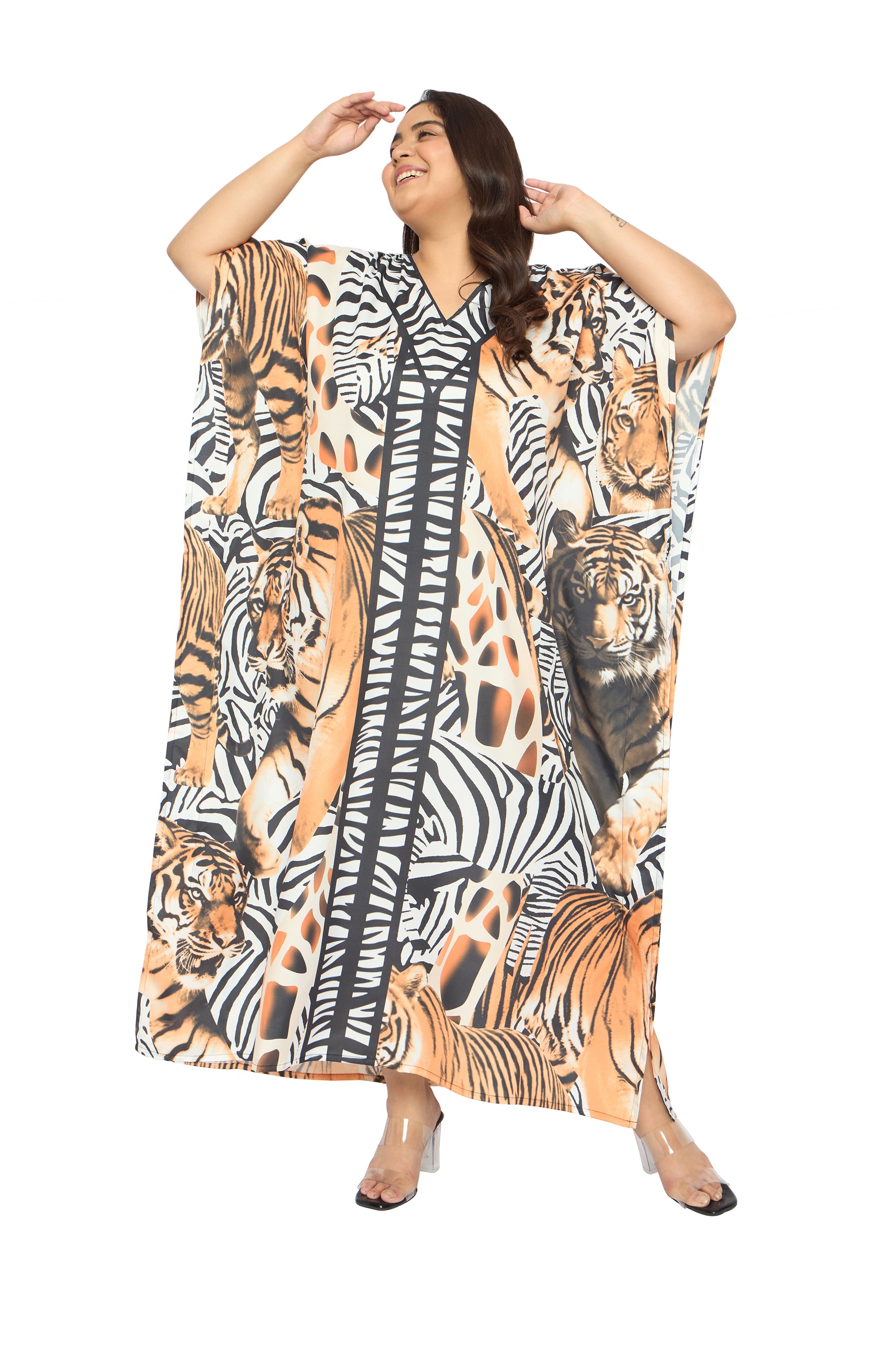 Animal Multicolor Polyester Caftan Dress for Plus Size