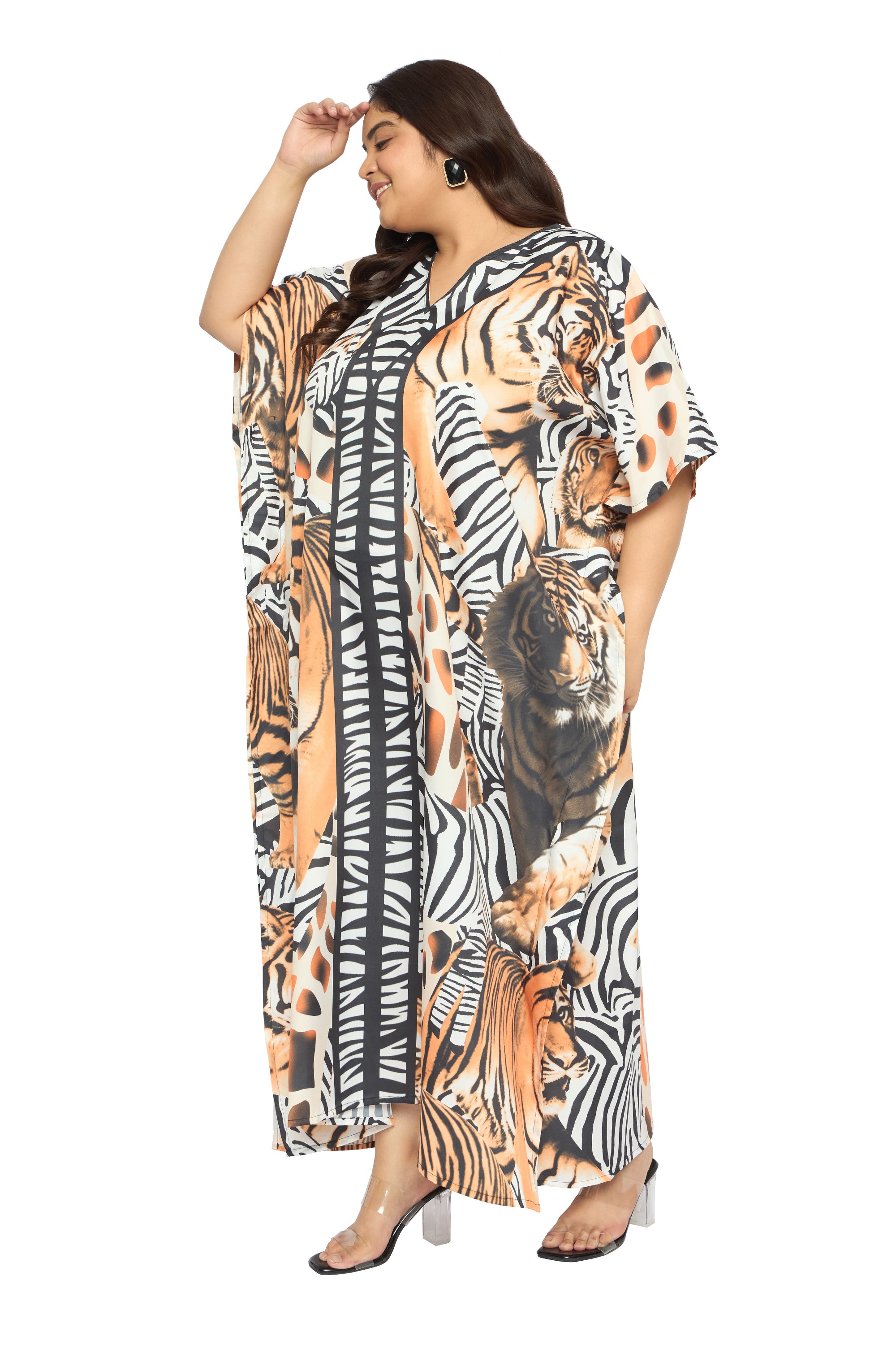 Animal Multicolor Polyester Caftan Dress for Plus Size