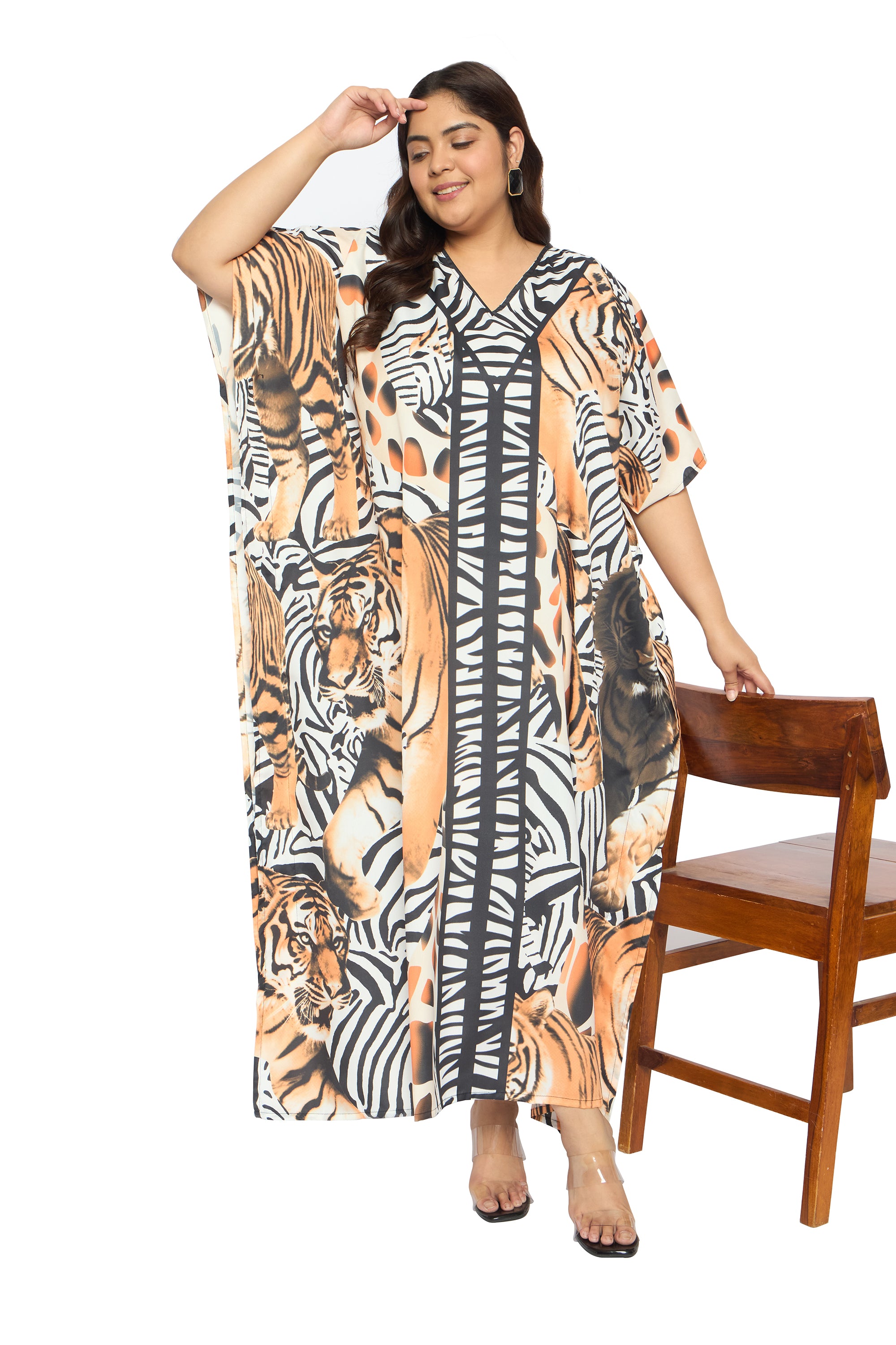 Animal Multicolor Polyester Caftan Dress for Plus Size