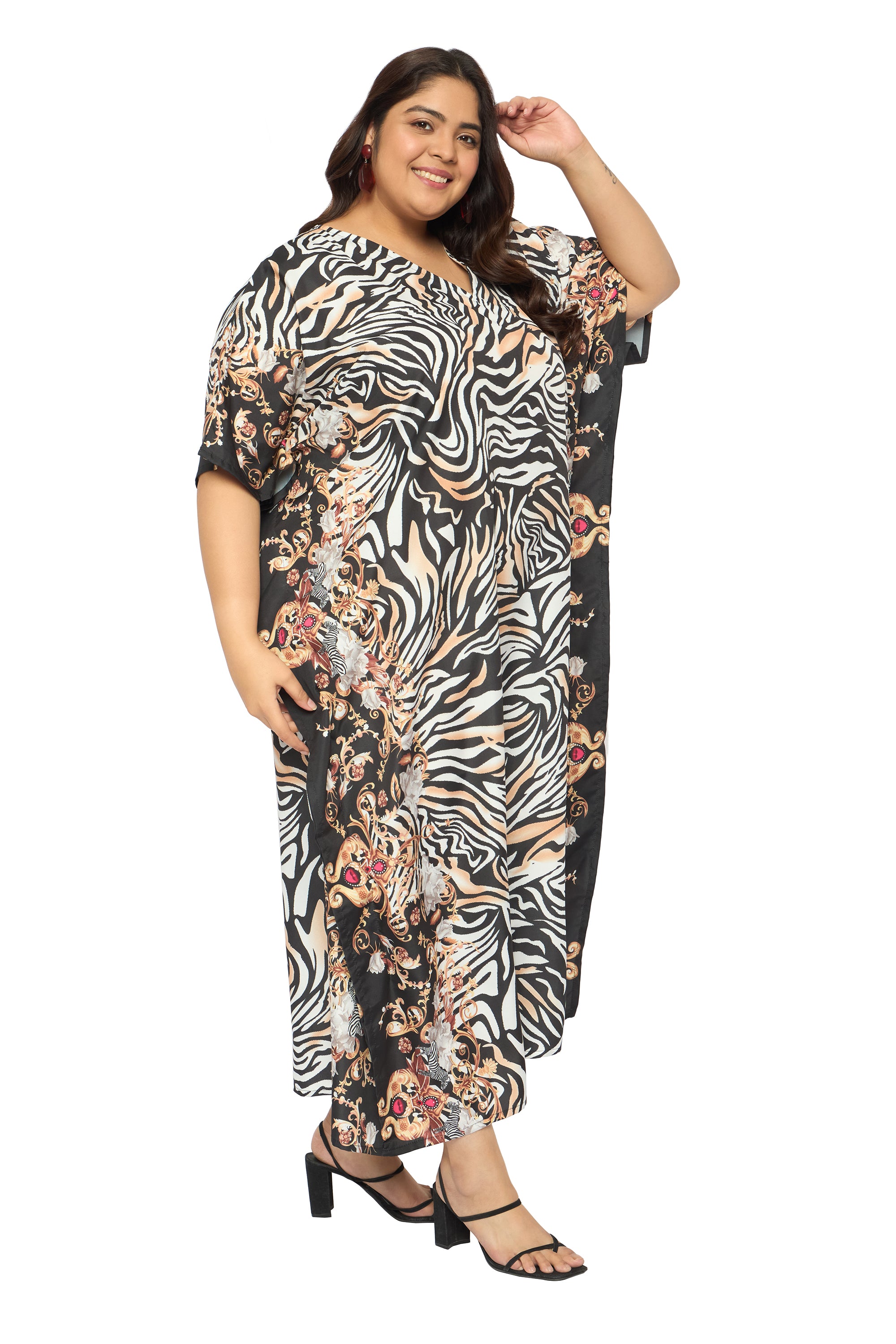 Abstract Multicolor Polyester Plus Size Caftan Nighty for Women