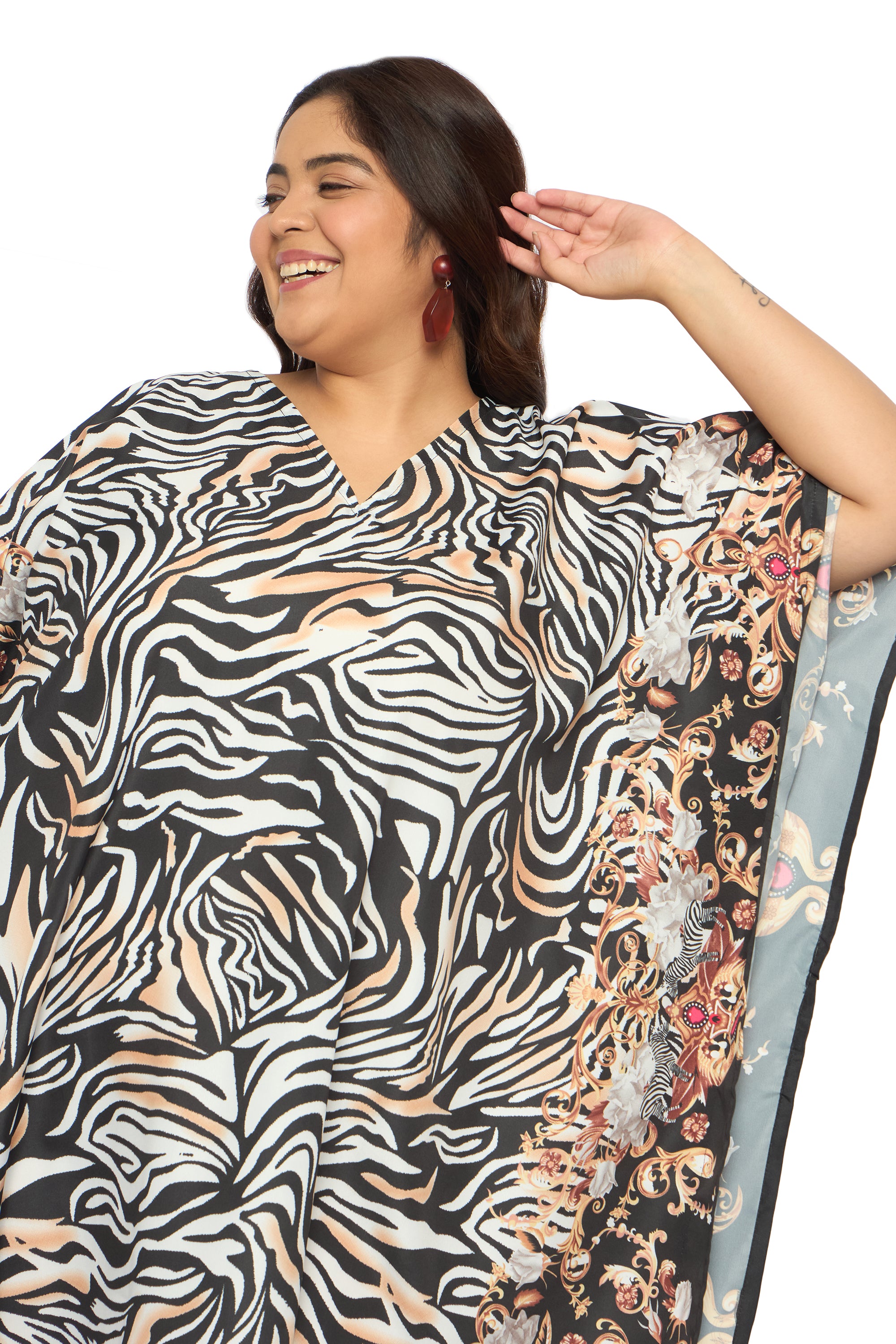 Abstract Multicolor Polyester Plus Size Caftan Nighty for Women