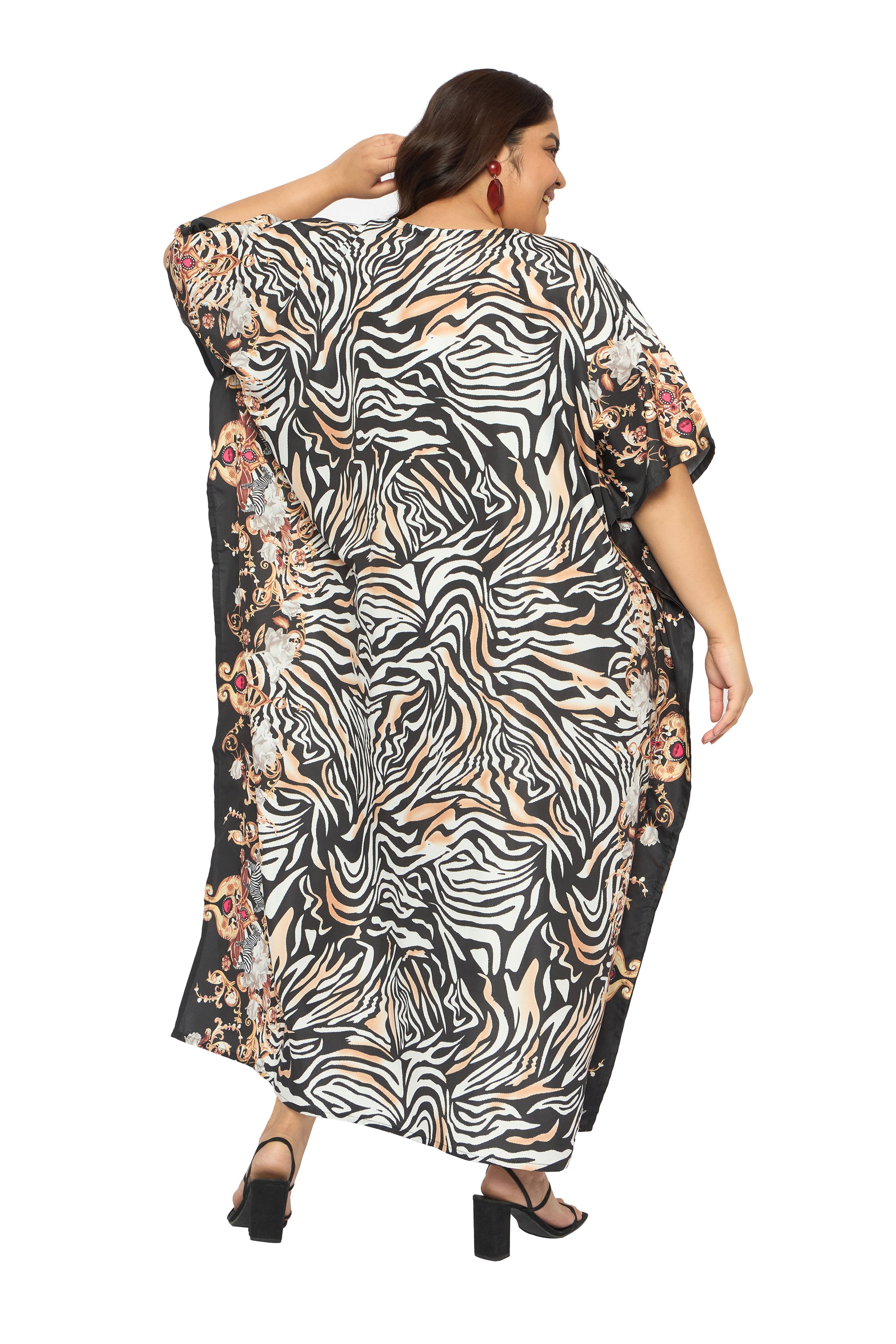 Abstract Multicolor Polyester Plus Size Caftan Nighty for Women