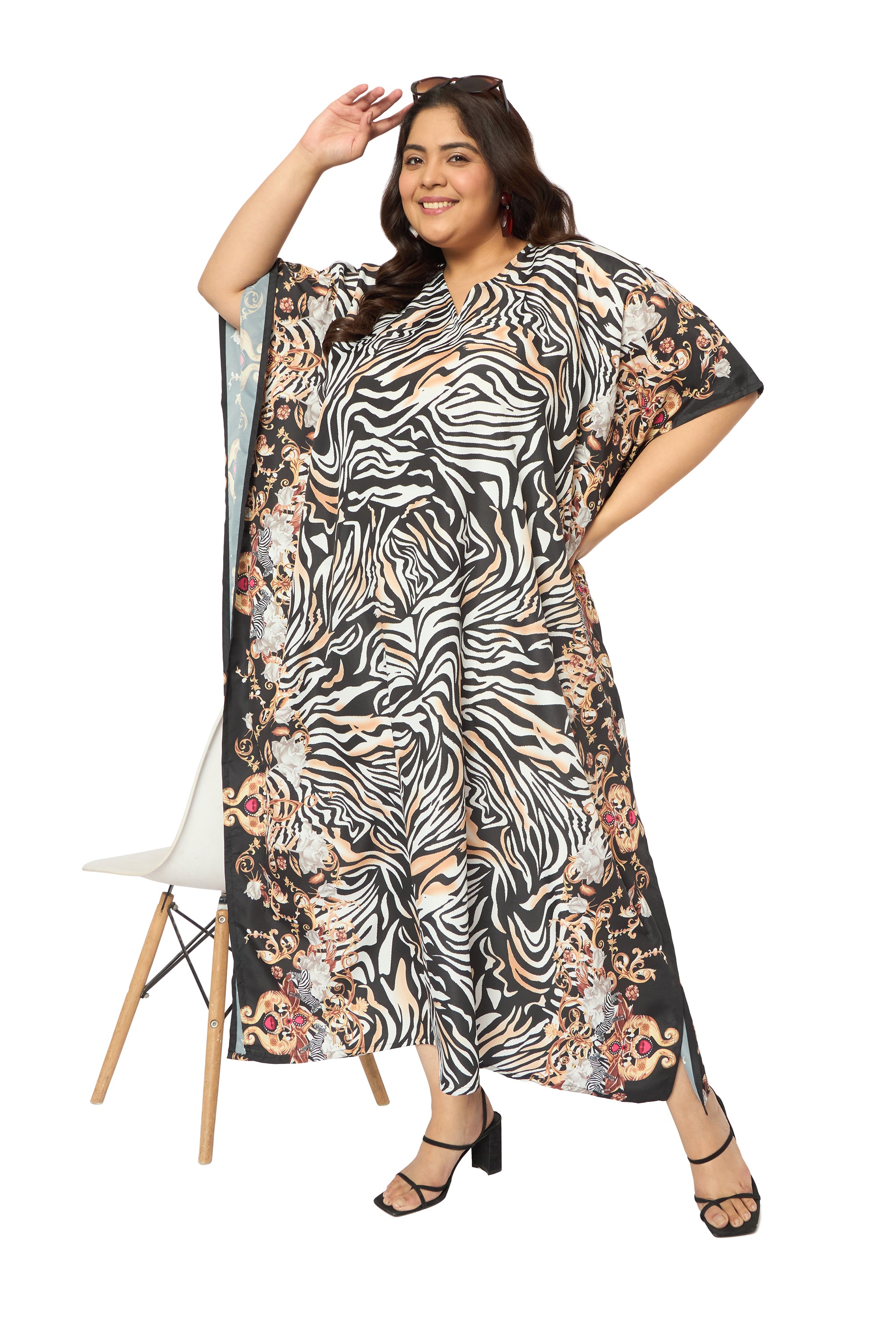 Abstract Multicolor Polyester Plus Size Caftan Nighty for Women