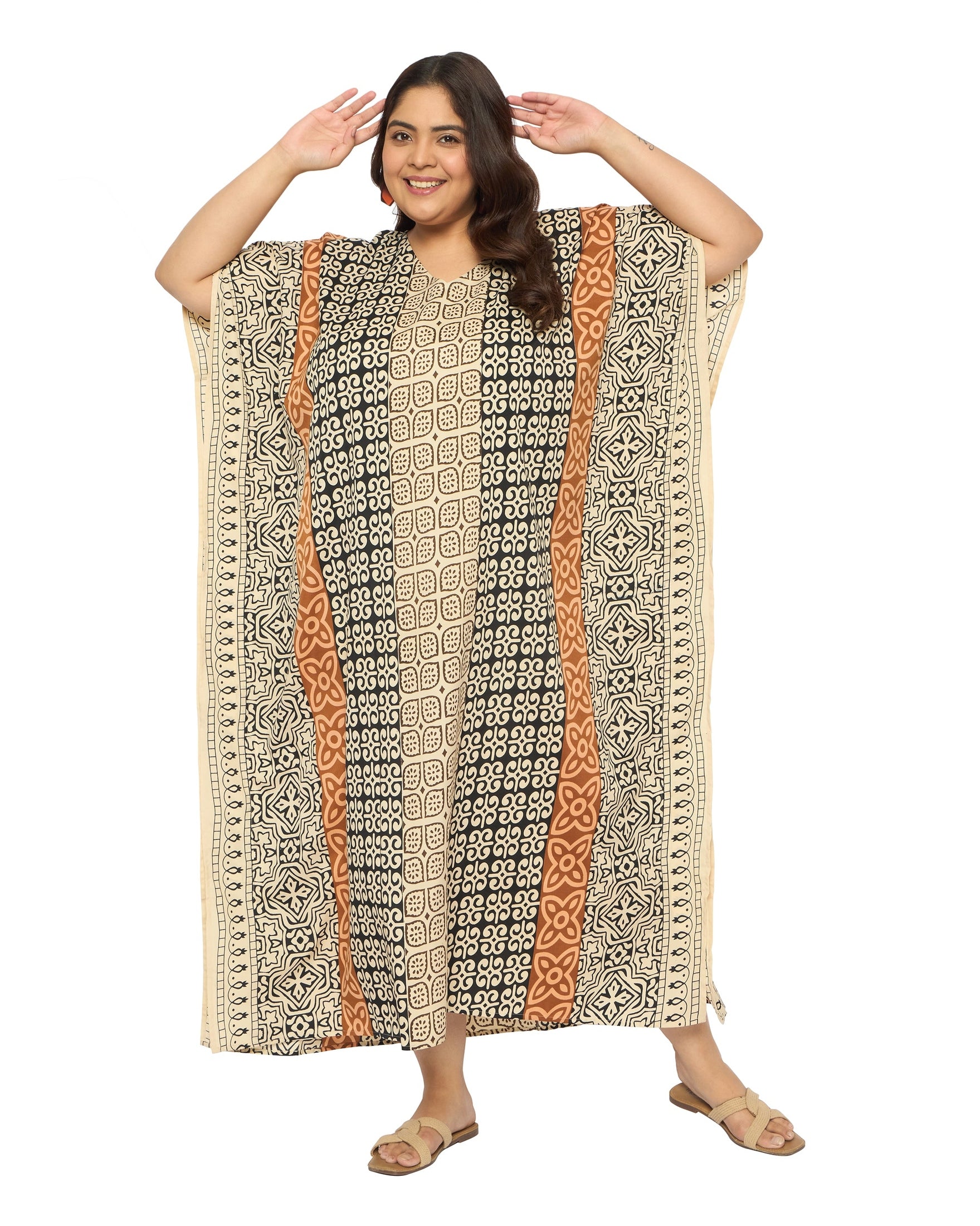Geometric Multicolor Polyester Plus Size Caftan Night dress for Women