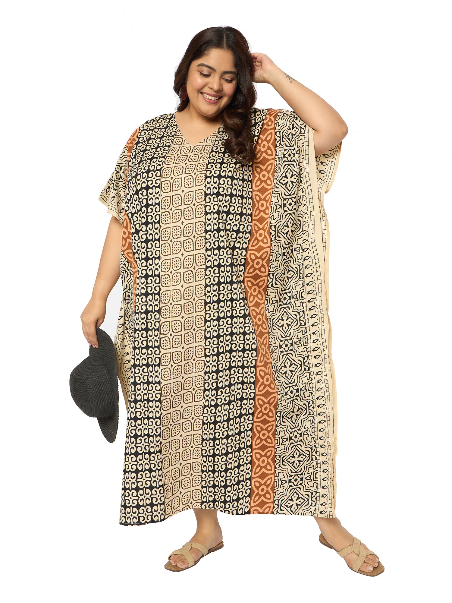  Geometric Multicolor Polyester Plus Size Caftan Night dress for Women