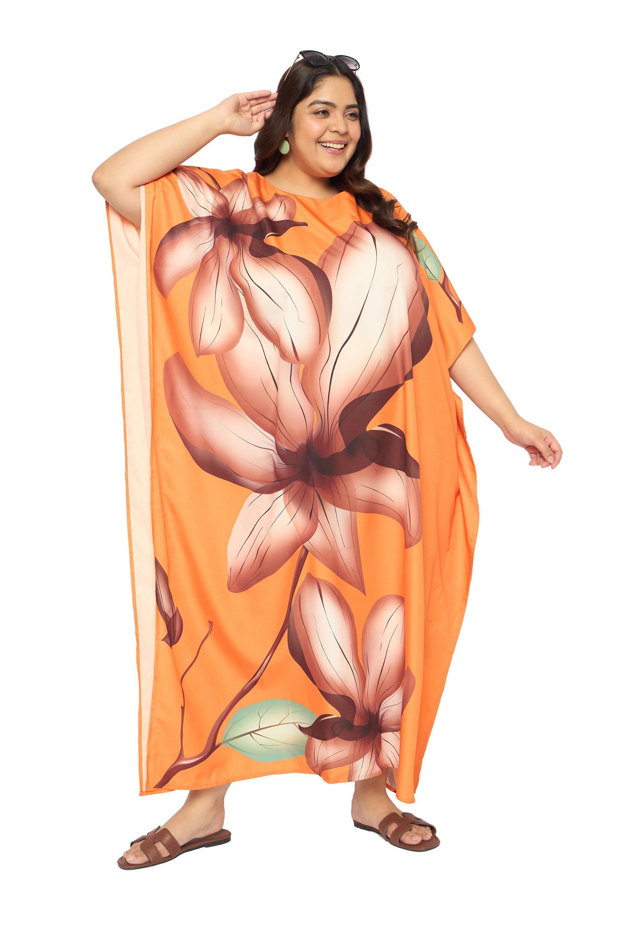 Floral Pastel Orange Polyester Round Neck Kaftan Dress for Plus Size Women