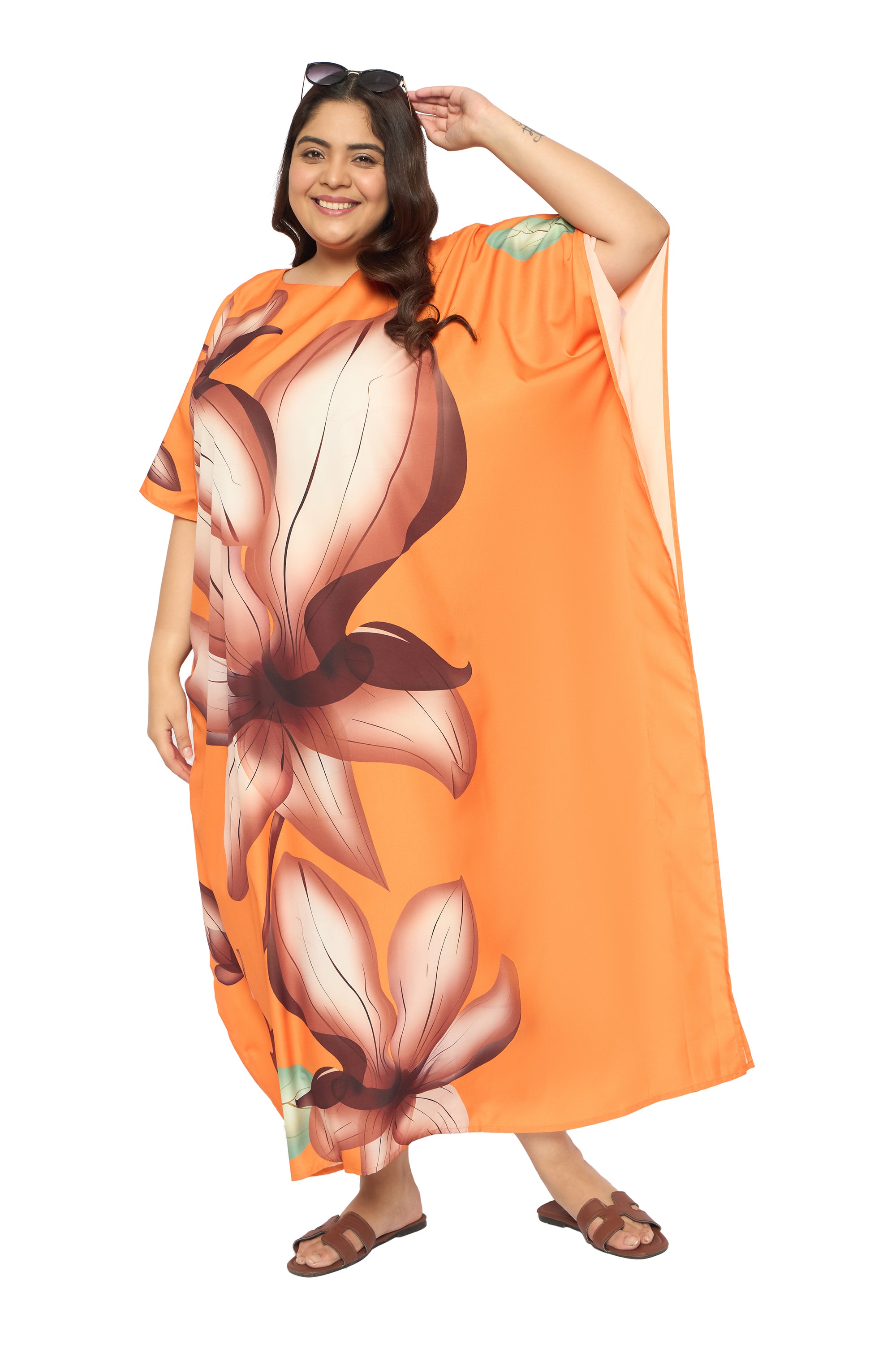 Floral Pastel Orange Polyester Round Neck Kaftan Dress for Plus Size Women