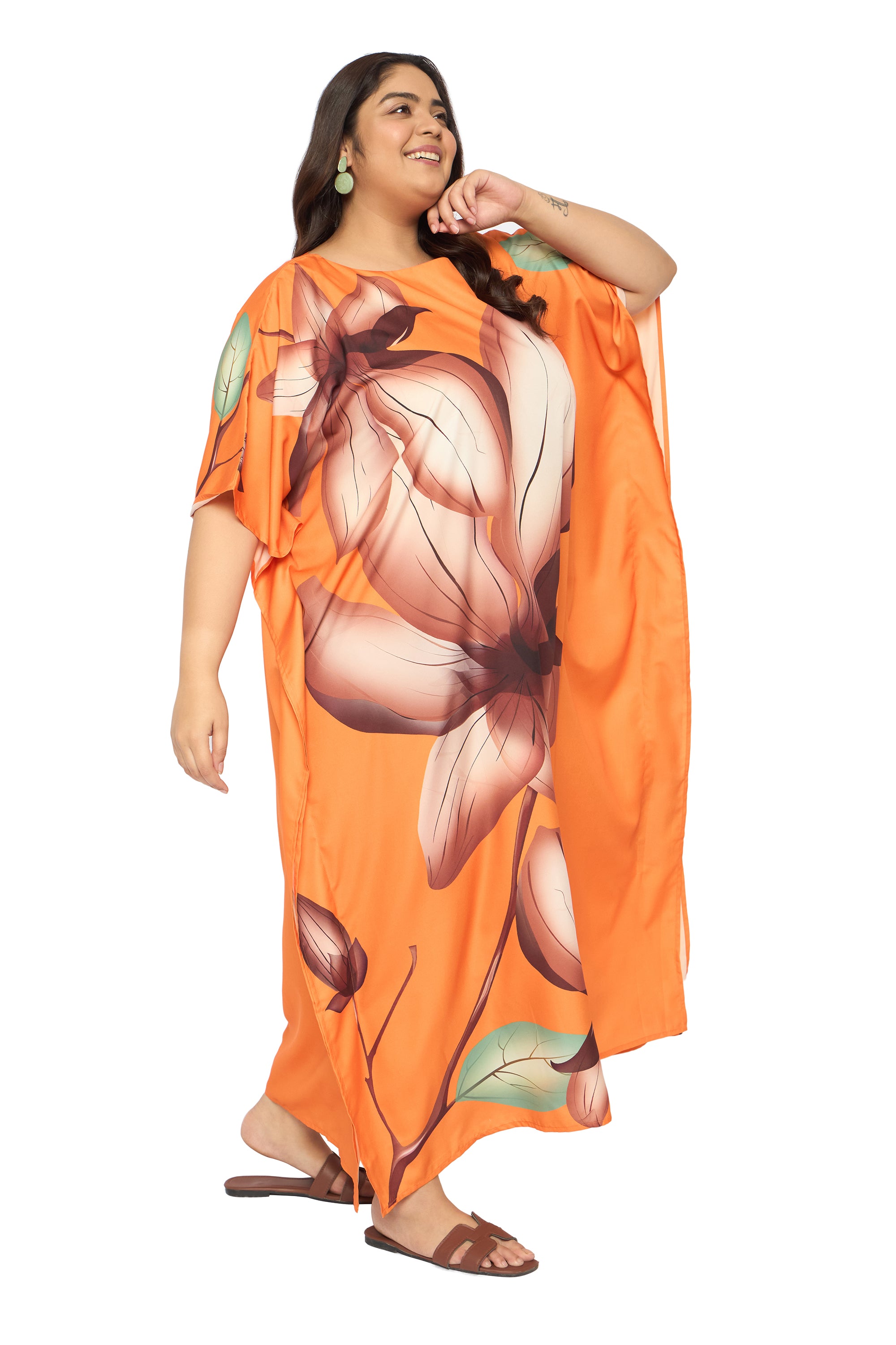 Floral Pastel Orange Polyester Round Neck Kaftan Dress for Plus Size Women