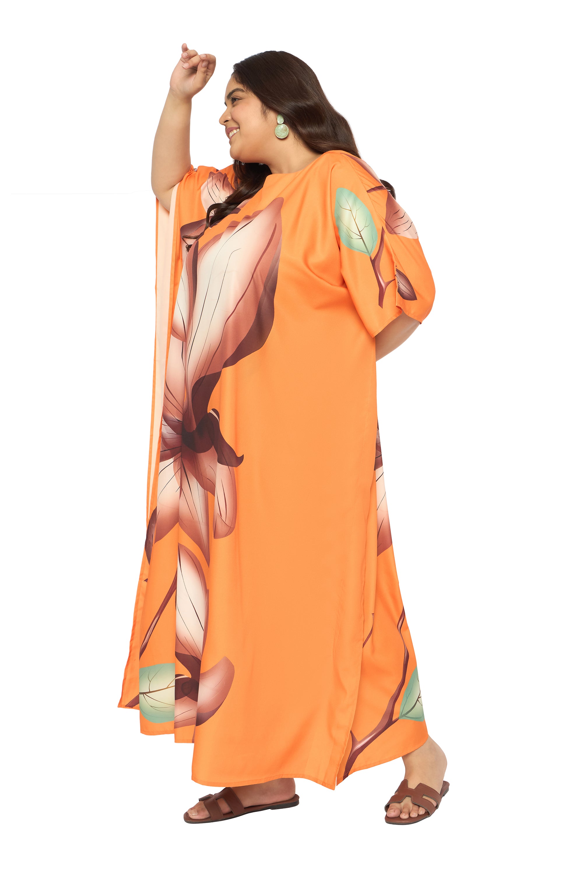 Floral Pastel Orange Polyester Round Neck Kaftan Dress for Plus Size Women