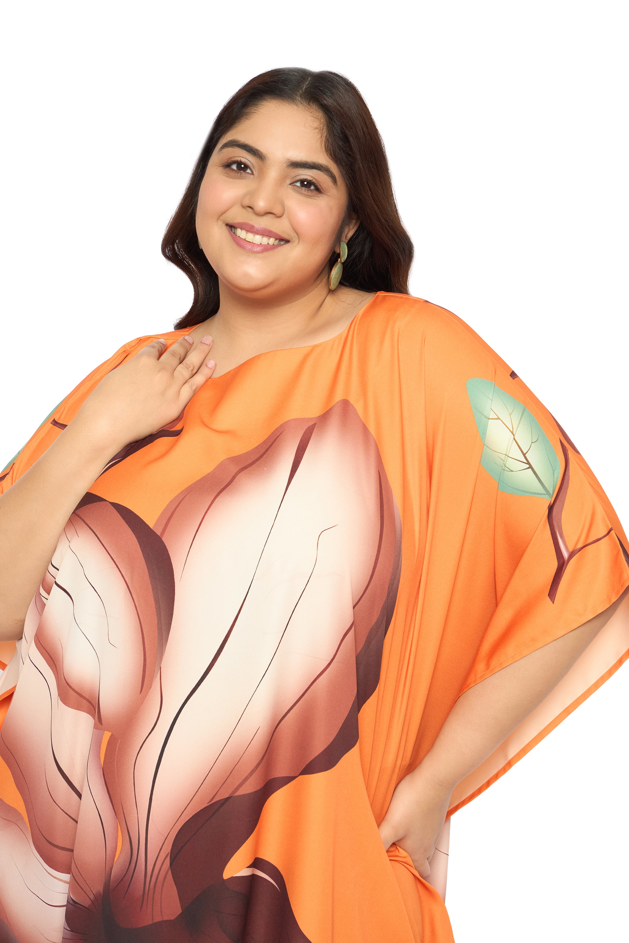 Floral Pastel Orange Polyester Round Neck Kaftan Dress for Plus Size Women