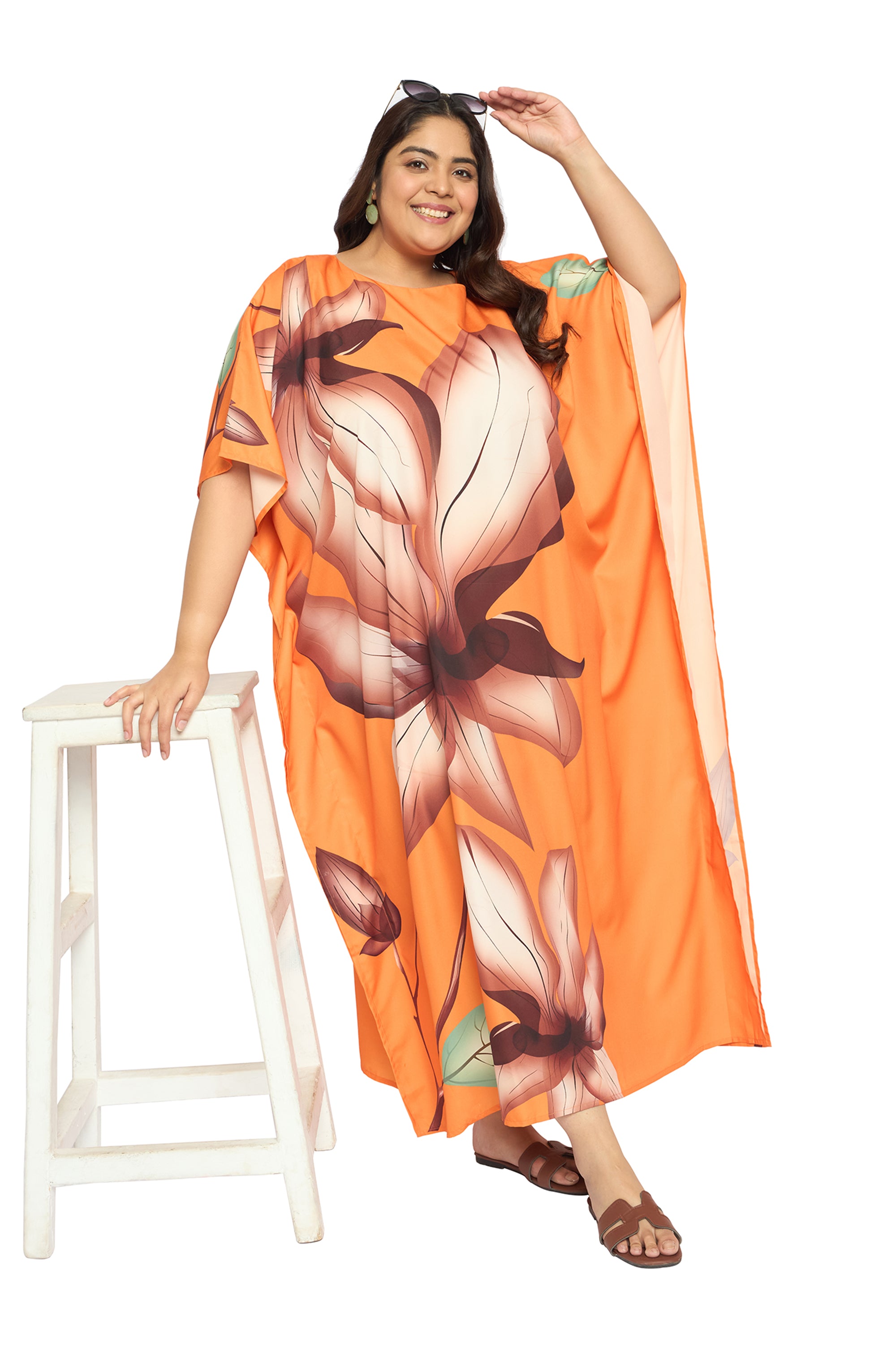 Floral Pastel Orange Polyester Round Neck Kaftan Dress for Plus Size Women