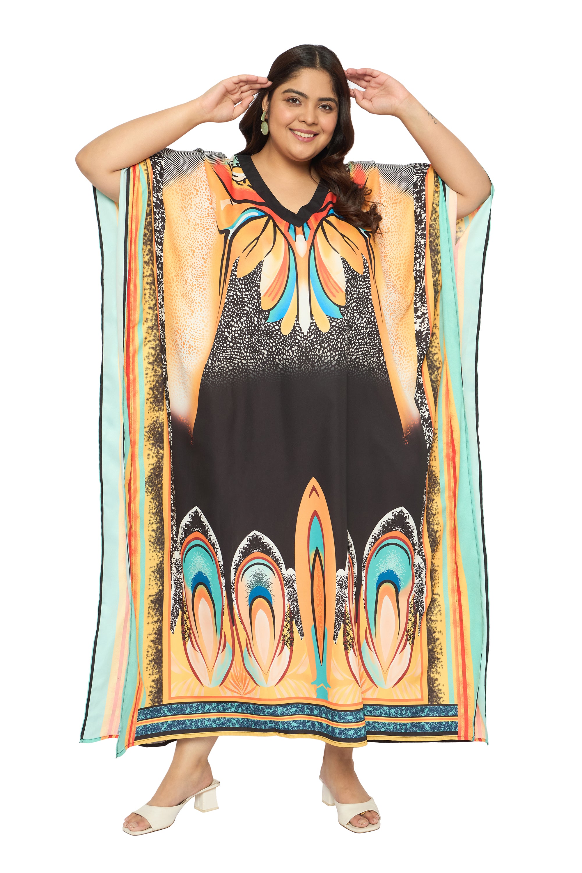 Abstract Multicolor Polyester Caftan Dress for Plus Size Women