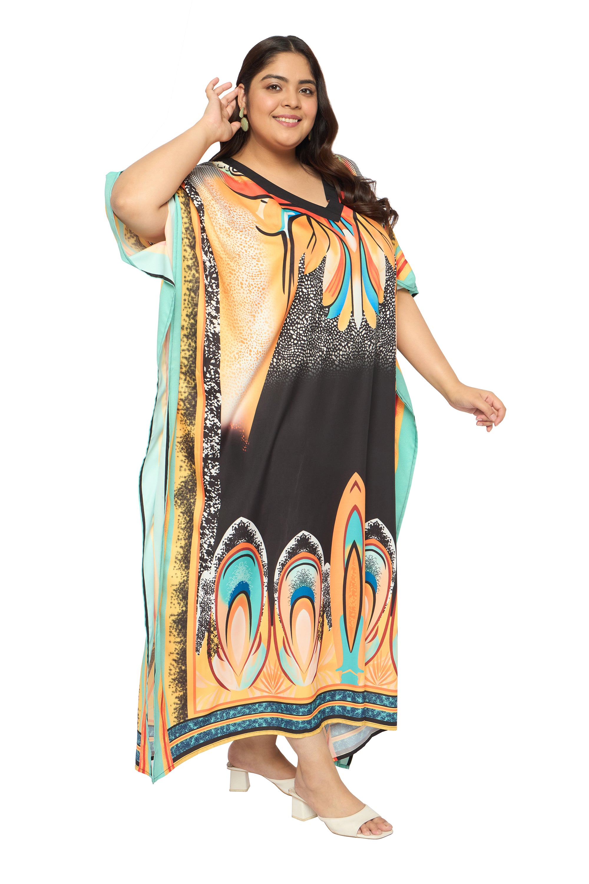 Abstract Multicolor Polyester Caftan Dress for Plus Size Women