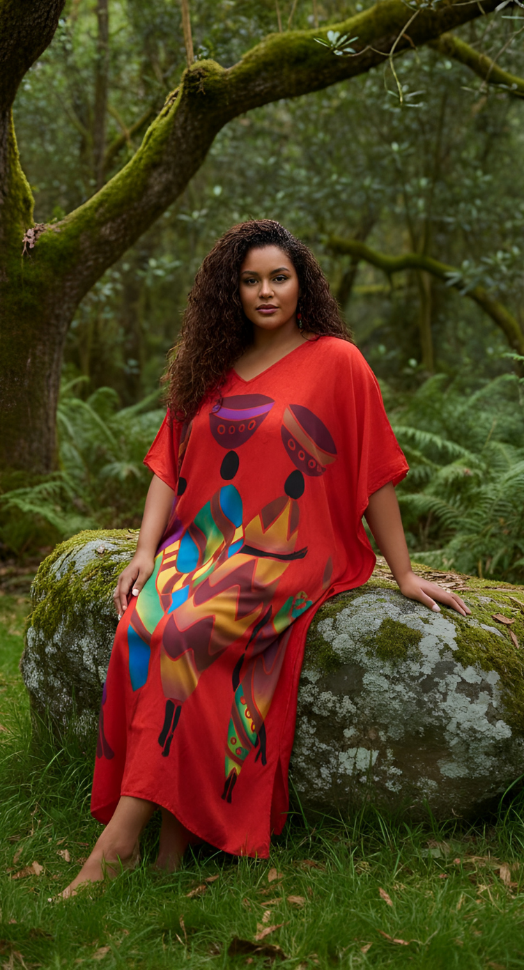 Lady Tribal Red Polyester Women Plus Size Caftan Dress