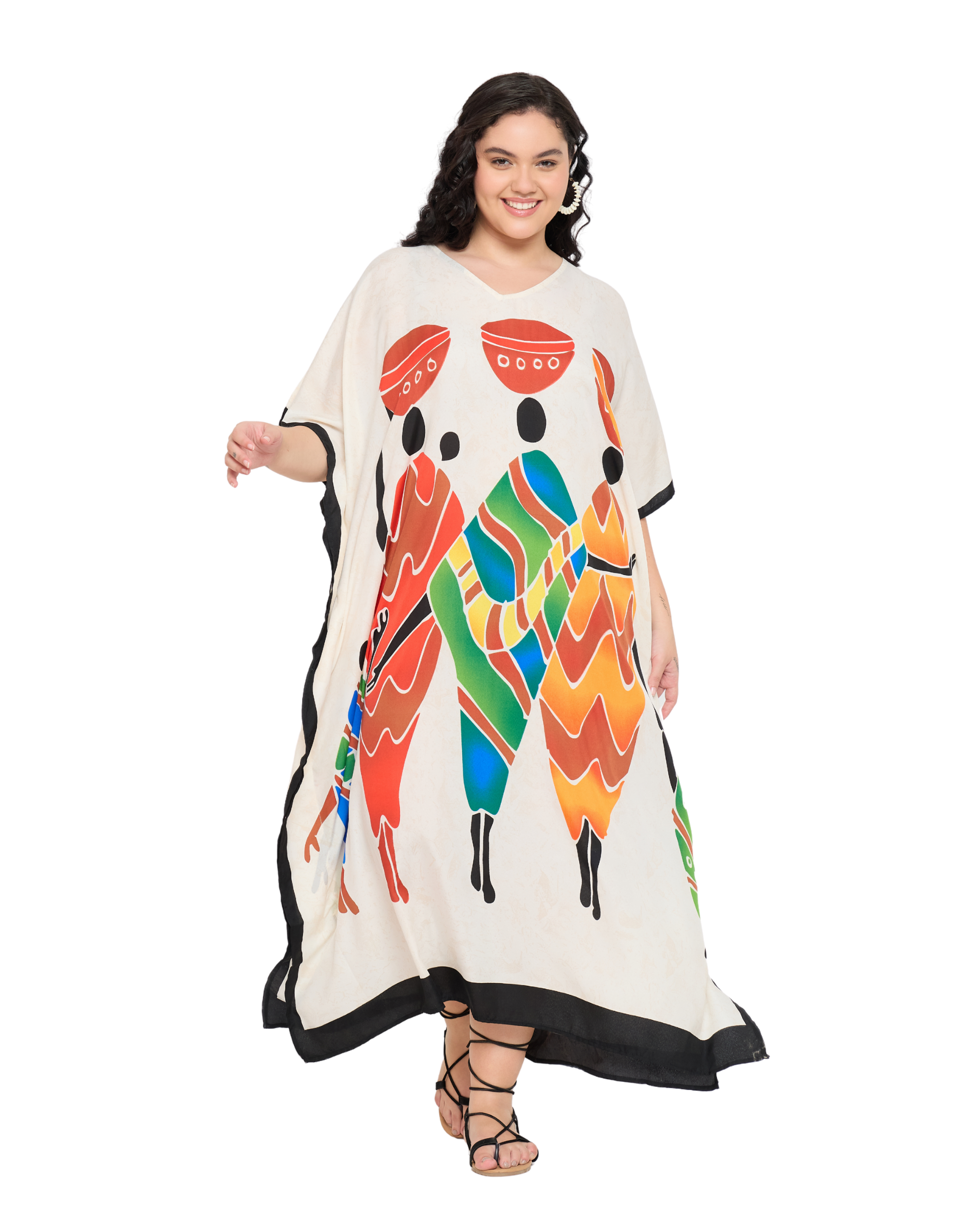 Tribal Print Cream Women Plus Size Loungewear Caftan